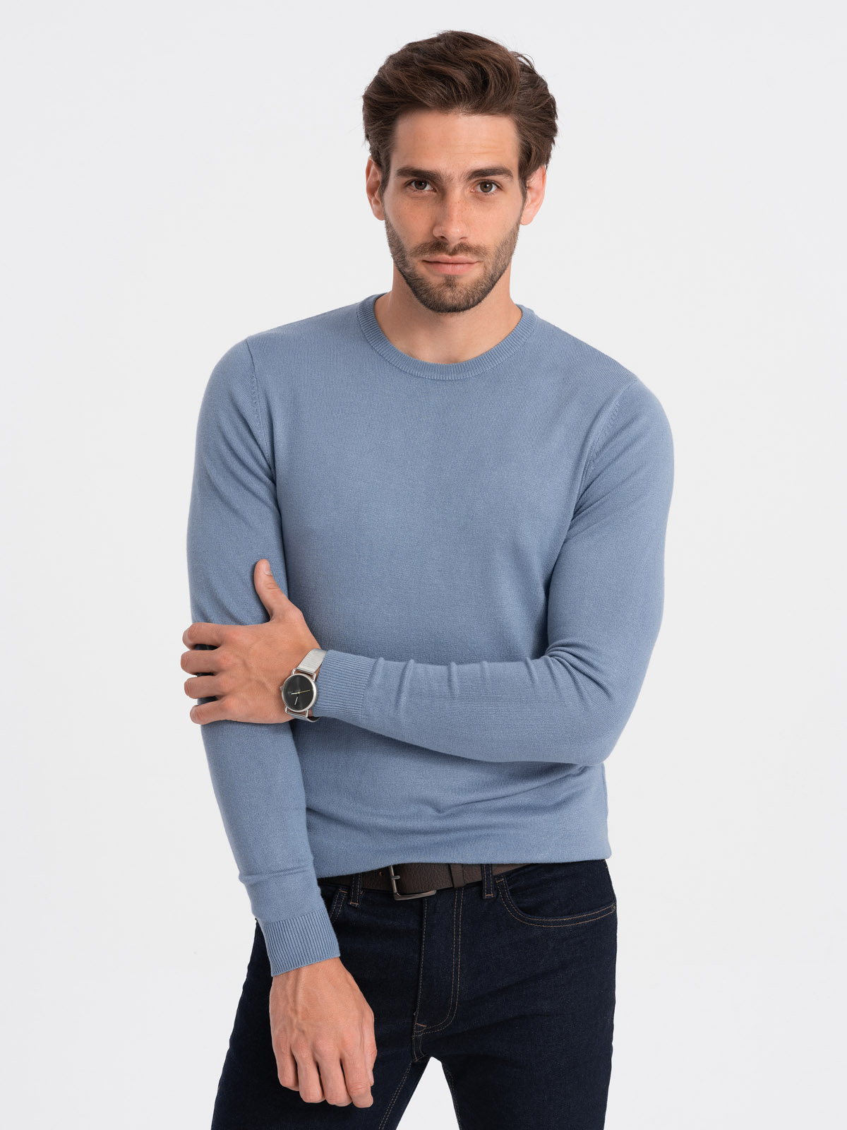 Ombre Classic Men's Sweater With Round Neckline - Light Blue