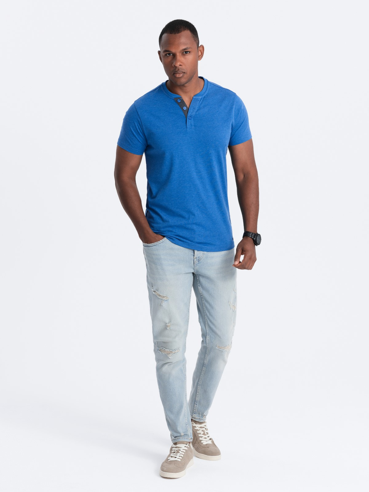 Ombre Men's t-shirt with round henley neckline - blue