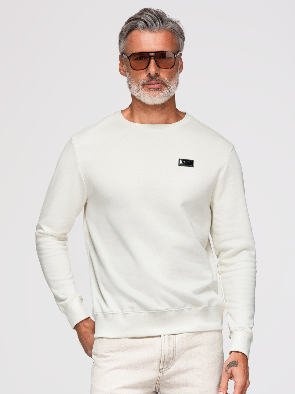 Ombre Men's non-stretch sweatshirt with metal pin - cream