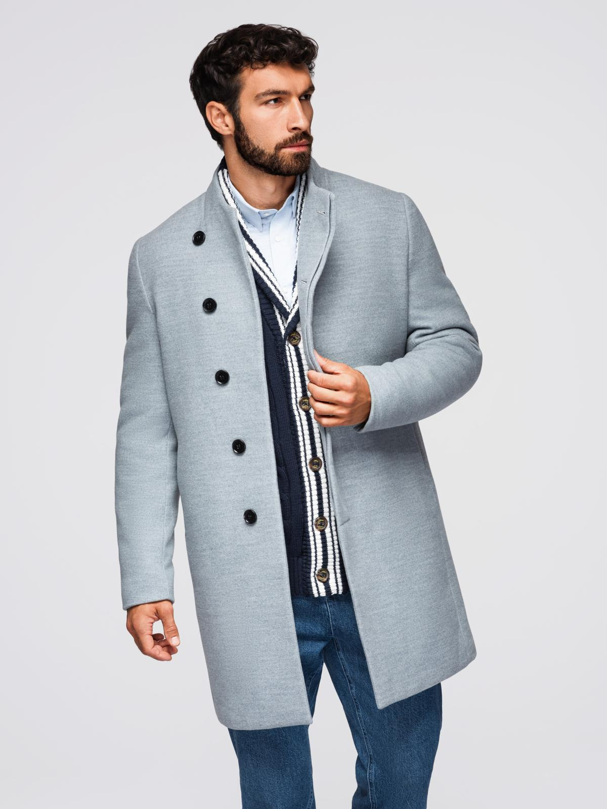 Ombre Men&#039;s coat with high collar and asymmetrical fastening - grey melange