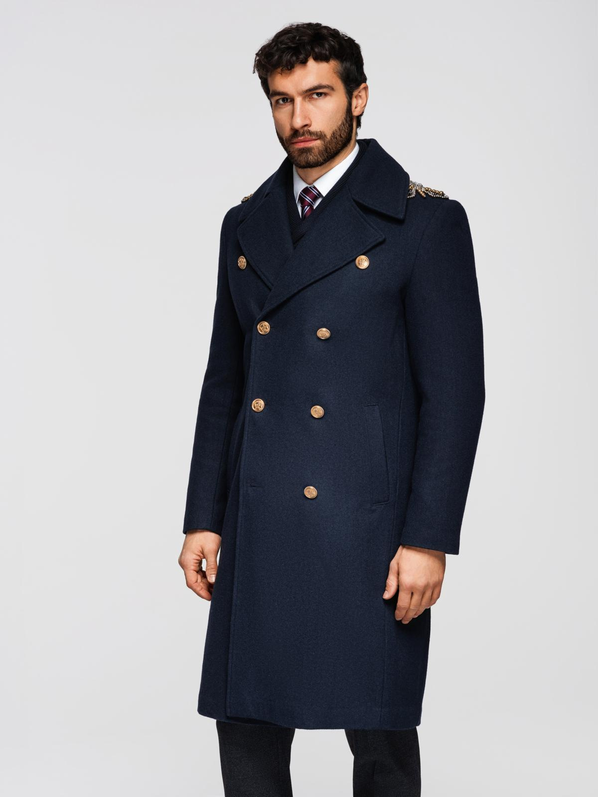 Ombre Men's double-breasted coat with wool and decorative shoulder applications -