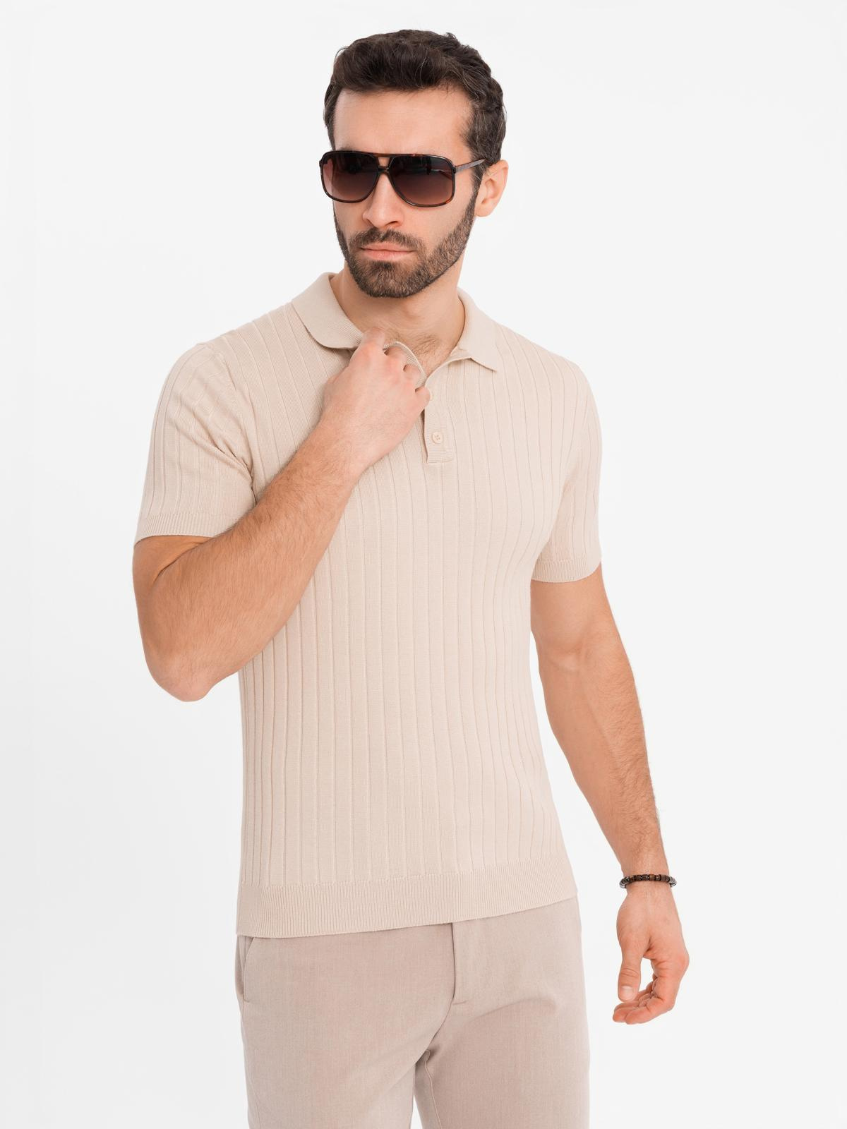 Ombre Men&#039;s SLIM FIT viscose vertical striped polo shirt - beige