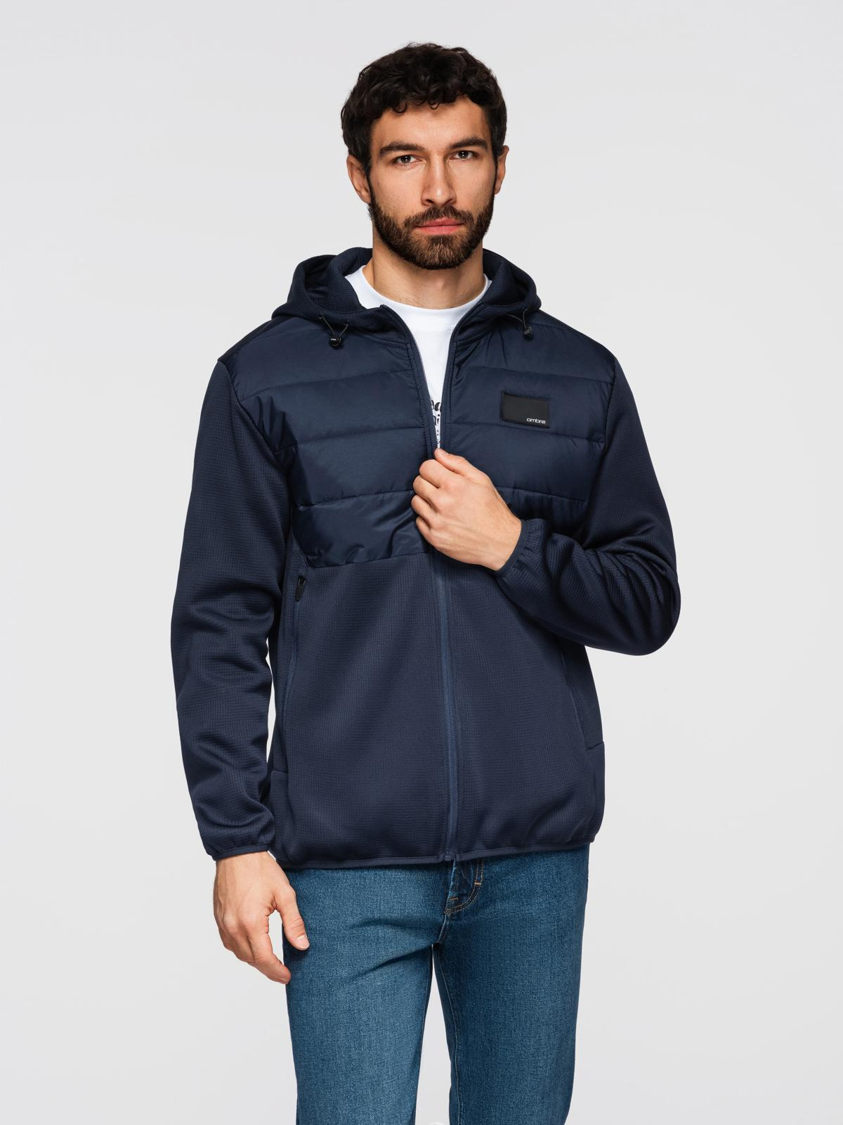 Ombre Men's lightweight jacket of combined materials with hood and decorative quilting - navy blue