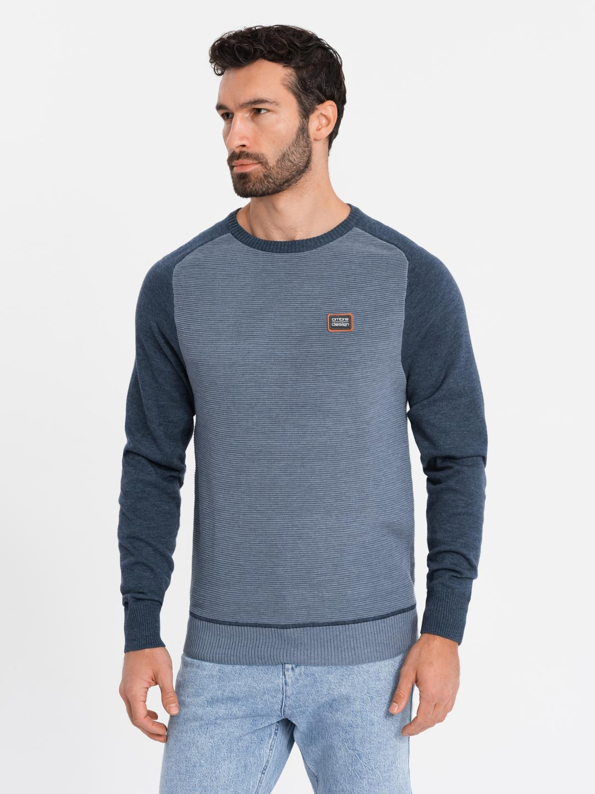 Ombre Cotton mens sweater with patch and raglan sleeves - navy blue