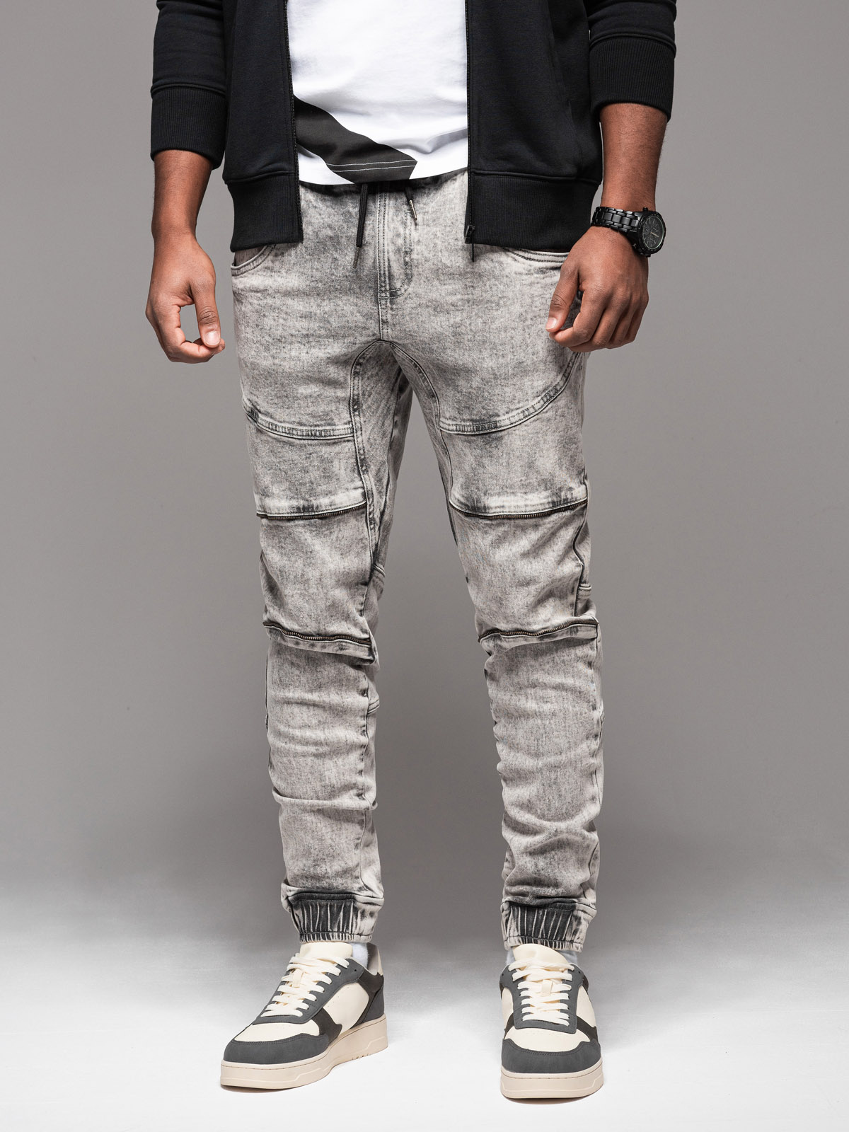 Ombre Men&#039;s denim jogger pants with rips and zippers - gray