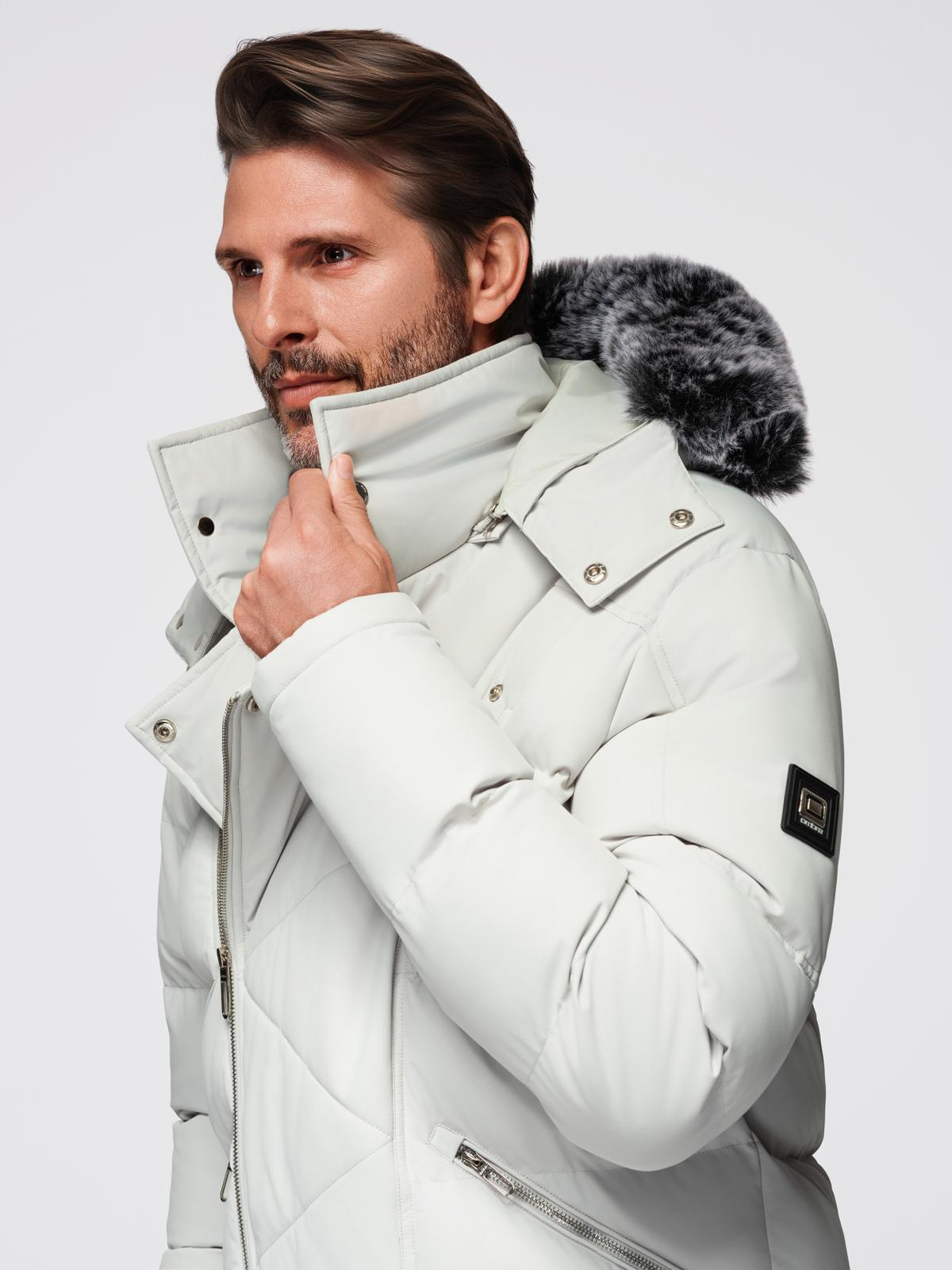 Ombre Men&#039;s quilted jacket with hooded ramonesque cut - light grey