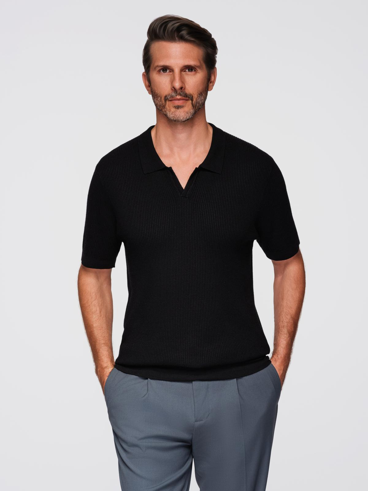 Ombre Men's buttonless polo shirt with open collar - black
