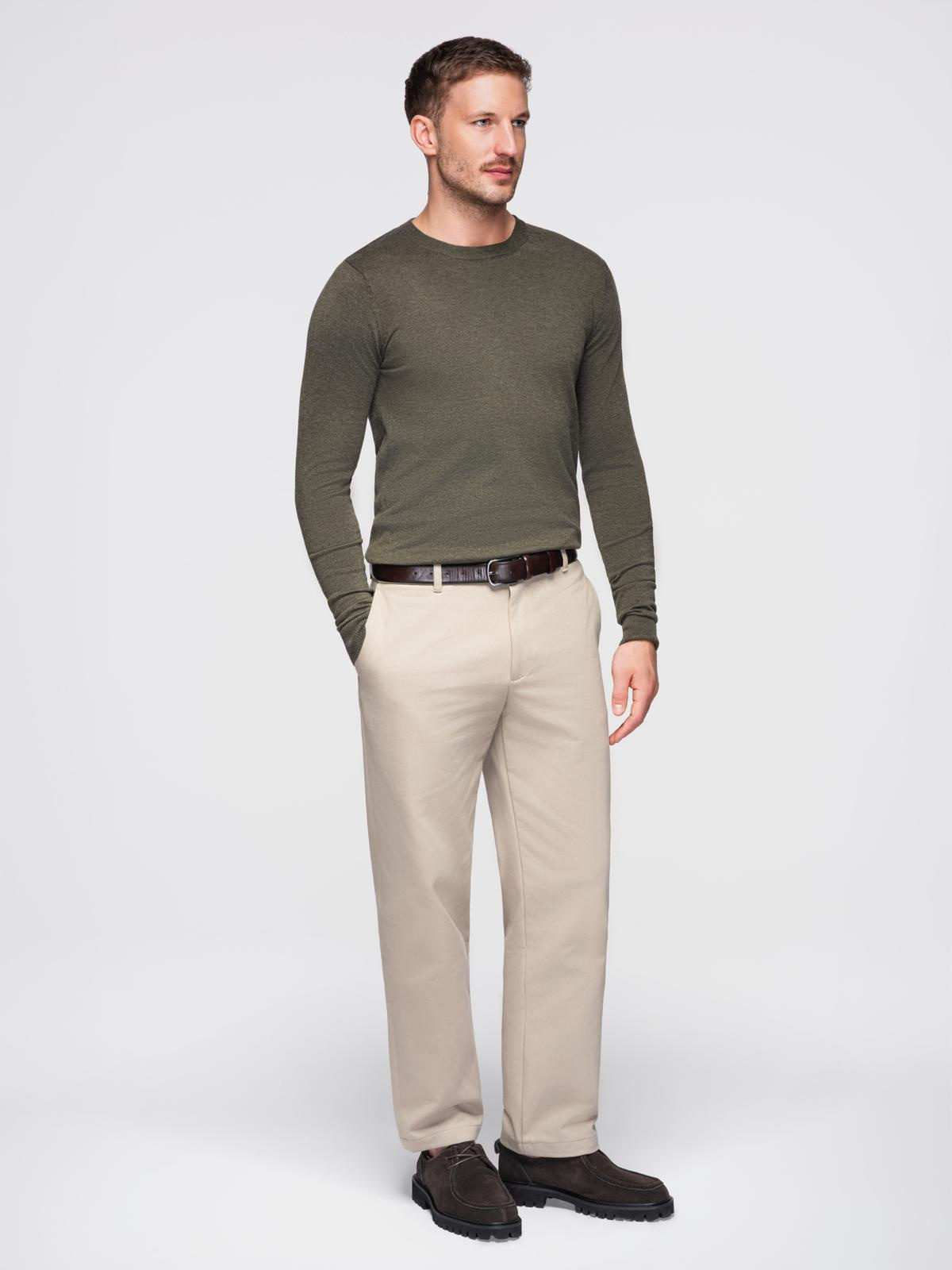 Ombre Men&#039;s BASIC viscose classic sweater with round neckline - olive melange
