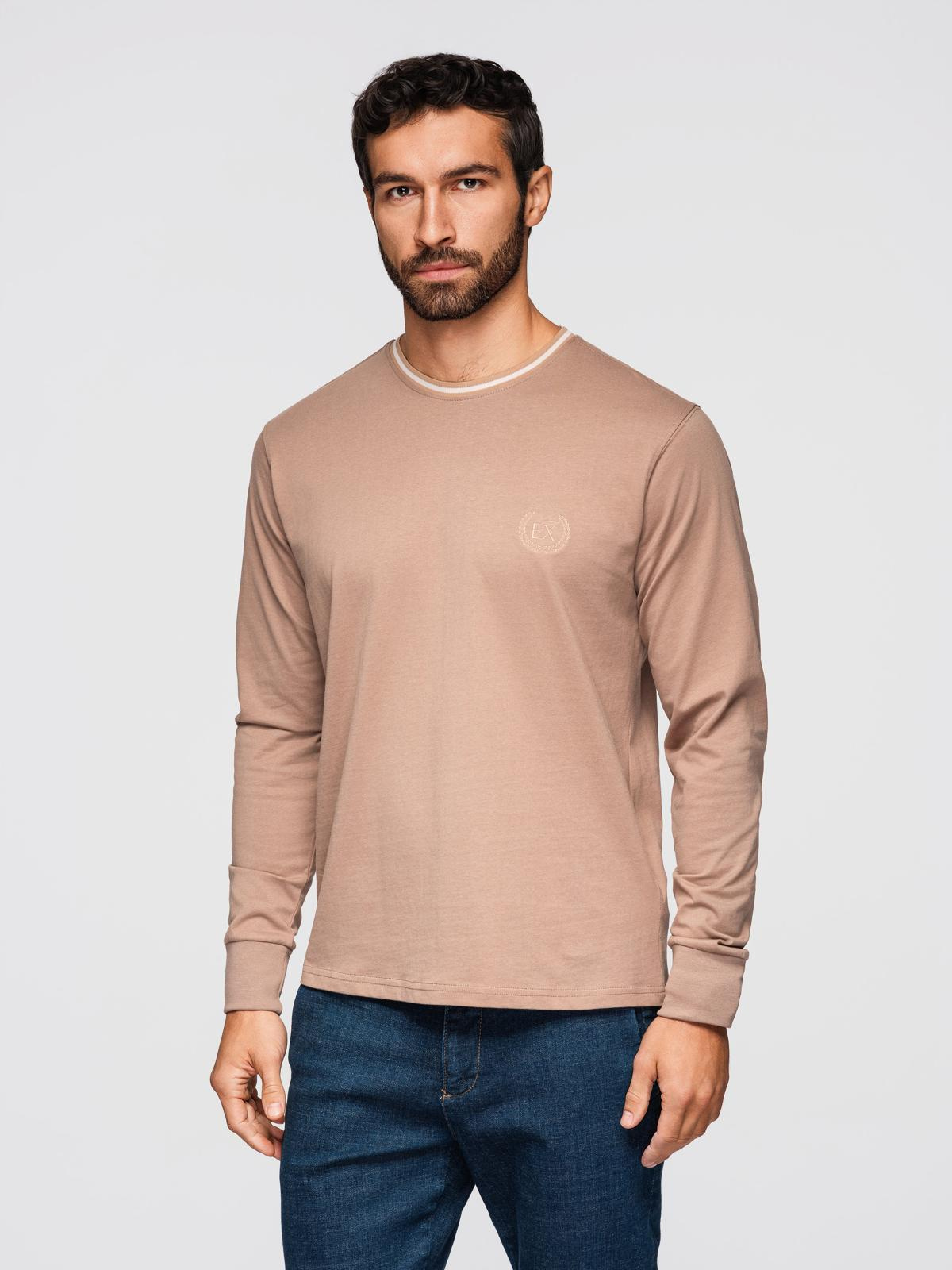 Ombre Men's cotton longsleeve with striped U neckline and embroidery - brown