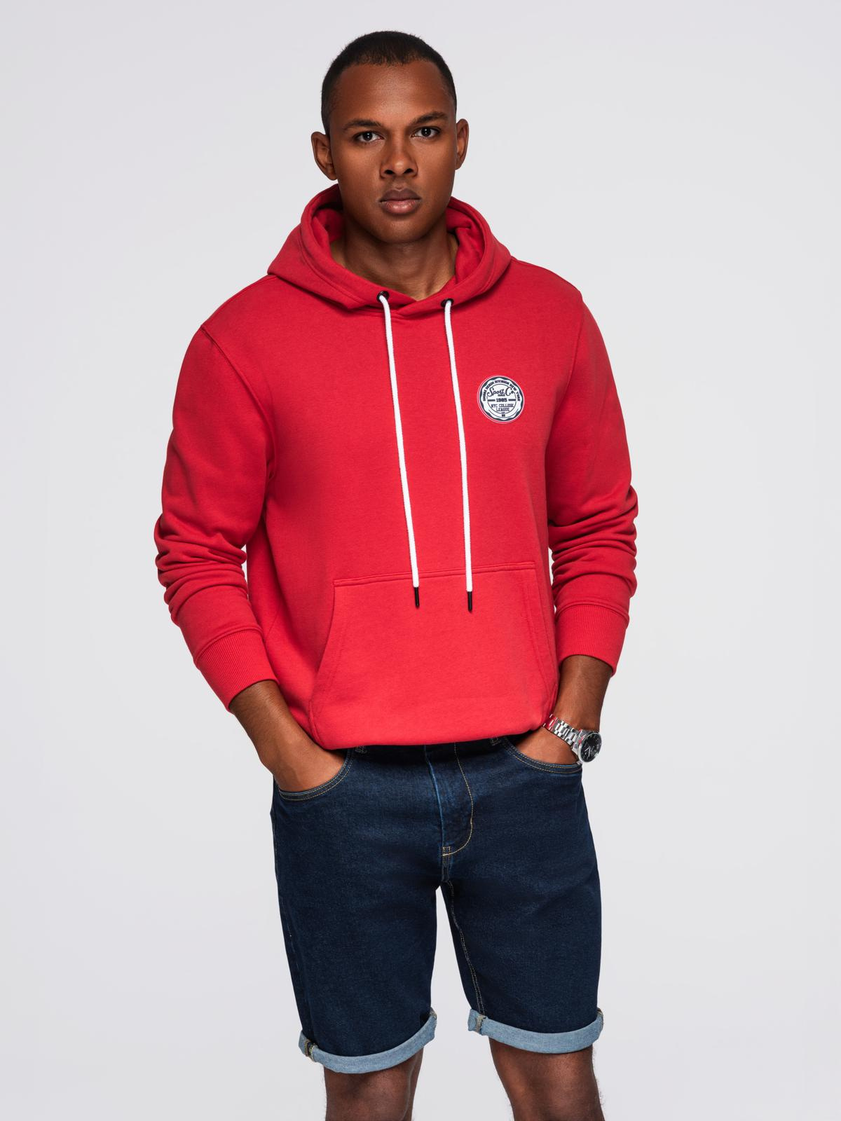 Ombre Men&#039;s kangaroo sweatshirt with hood and college style patch - red