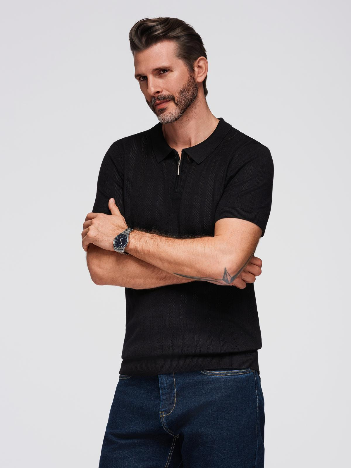 Ombre Men's openwork polo shirt with zipper at neckline - black