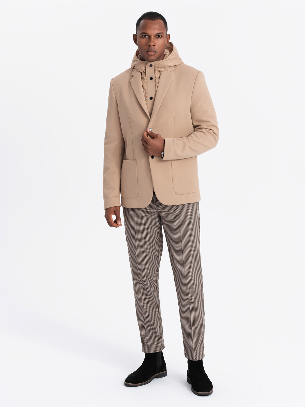 Ombre Men's jacket with high collar and hood - light brown