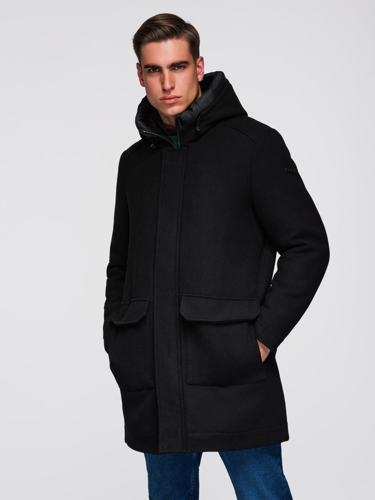 Ombre Men&#039;s parka coat with wool and hood - black
