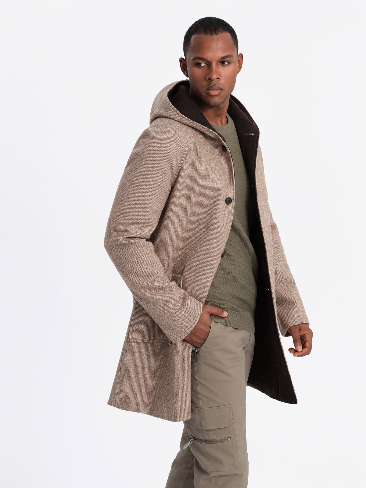 Ombre Melange Long Men's Hooded Coat - Beige