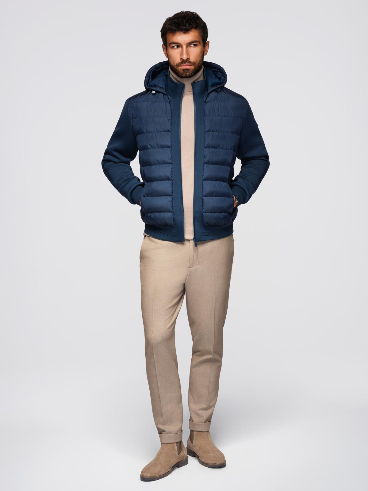 Ombre Quilted bomber jacket with hood and knitted sleeves - navy blue