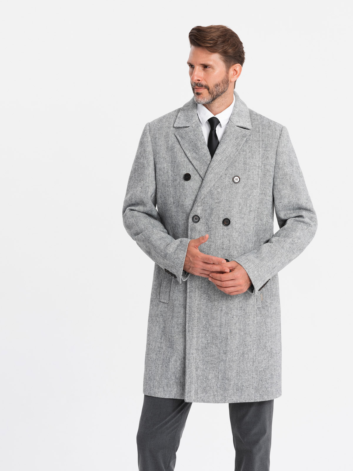 Ombre Elegant double-breasted men&#039;s herringbone coat - grey