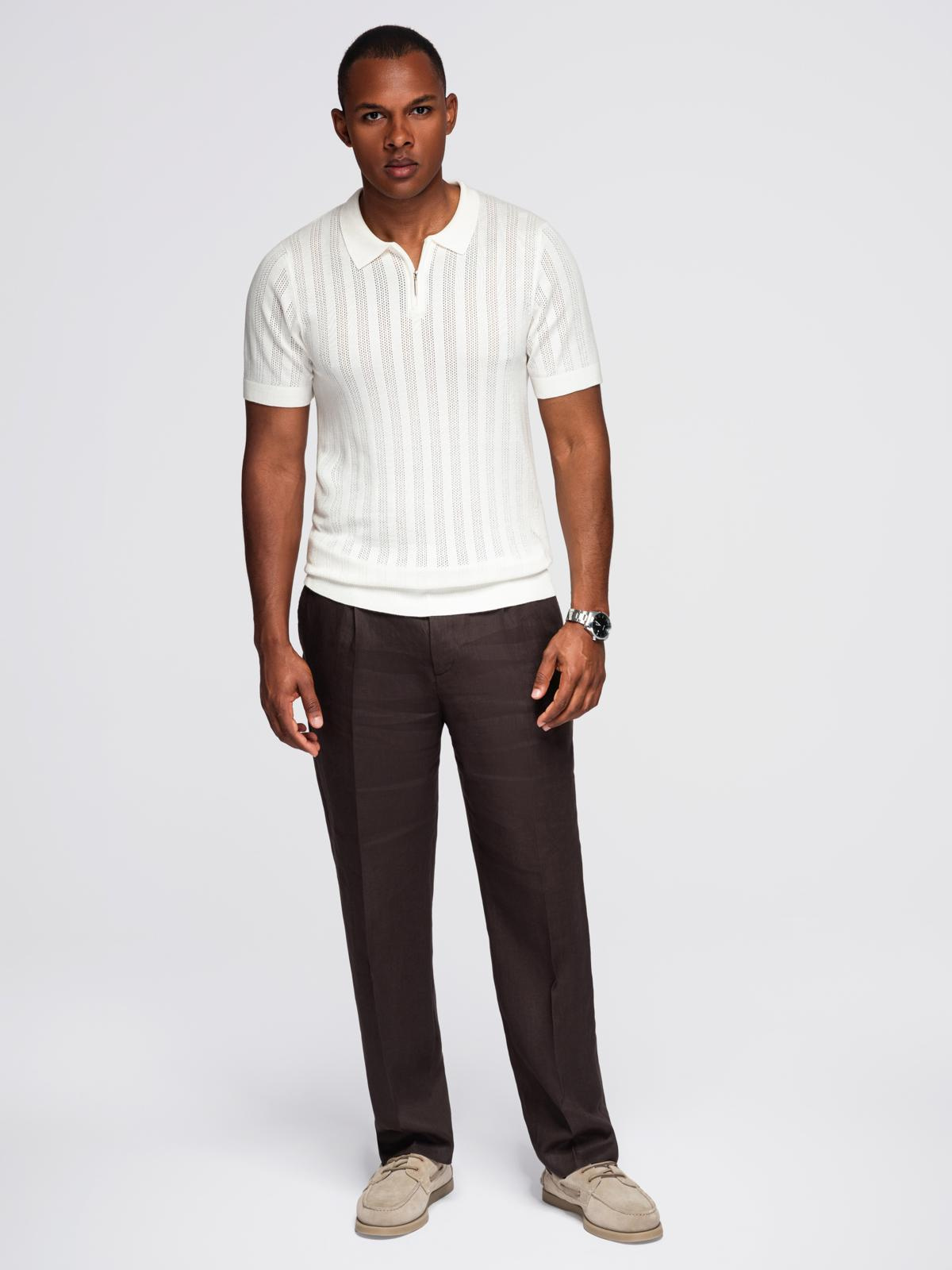 Ombre Men's openwork polo shirt with zipper at neckline - white