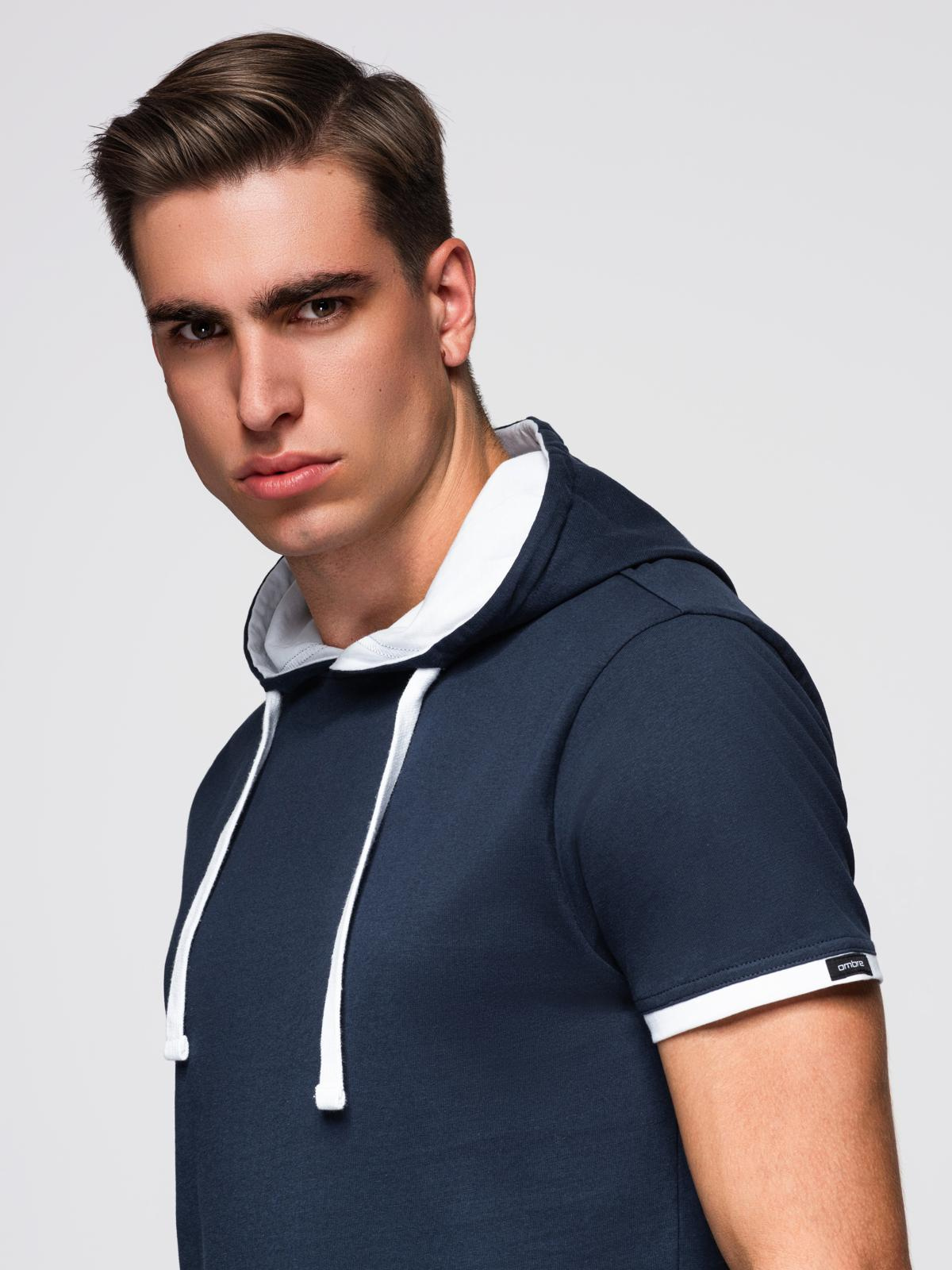 Ombre Men's cotton t-shirt with hood - navy blue