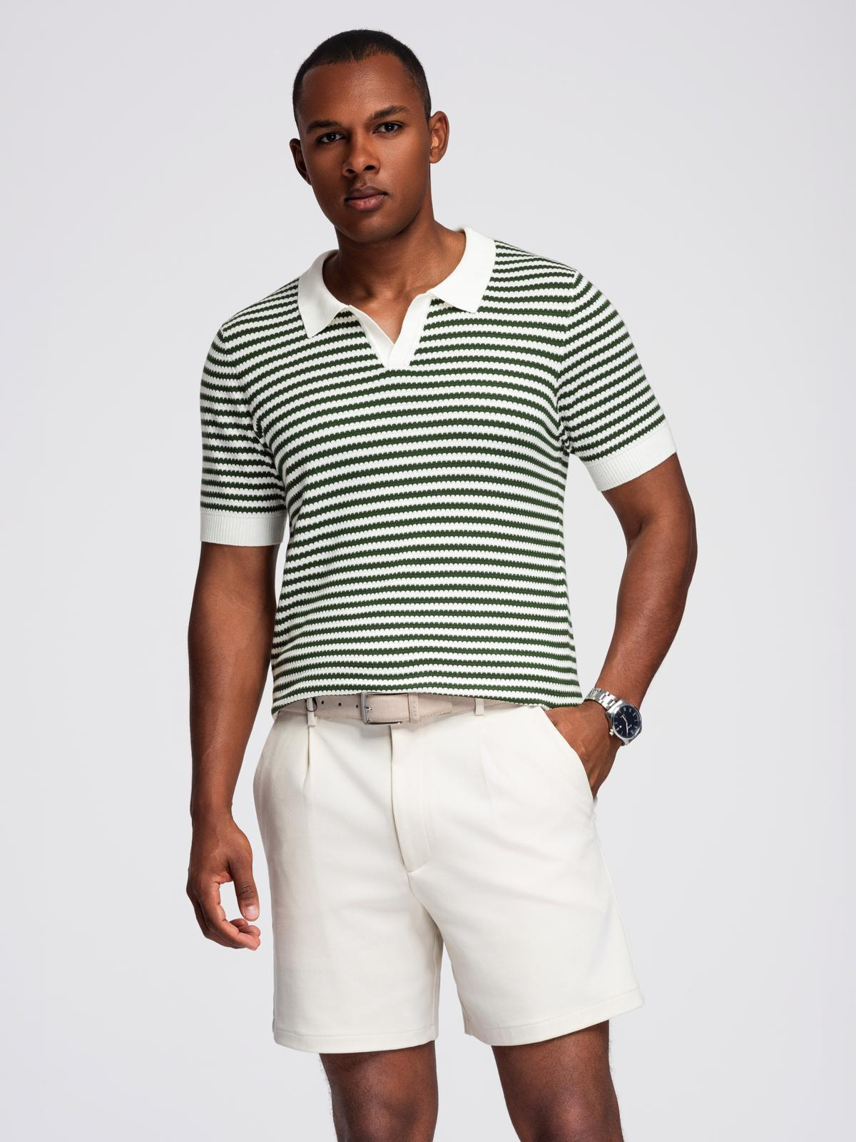 Ombre Men's knitted buttonless polo shirt with navy stripes - white and olive