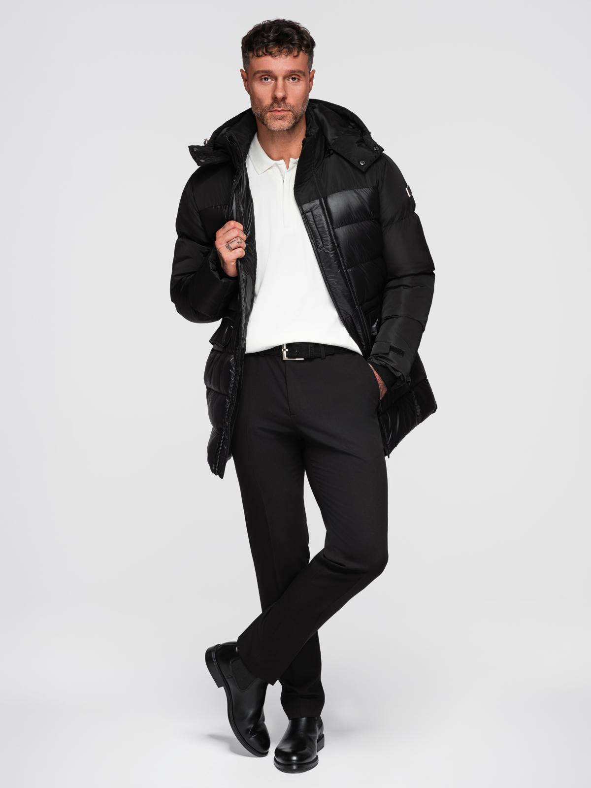 Ombre Men&#039;s quilted jacket with high collar and hood - black