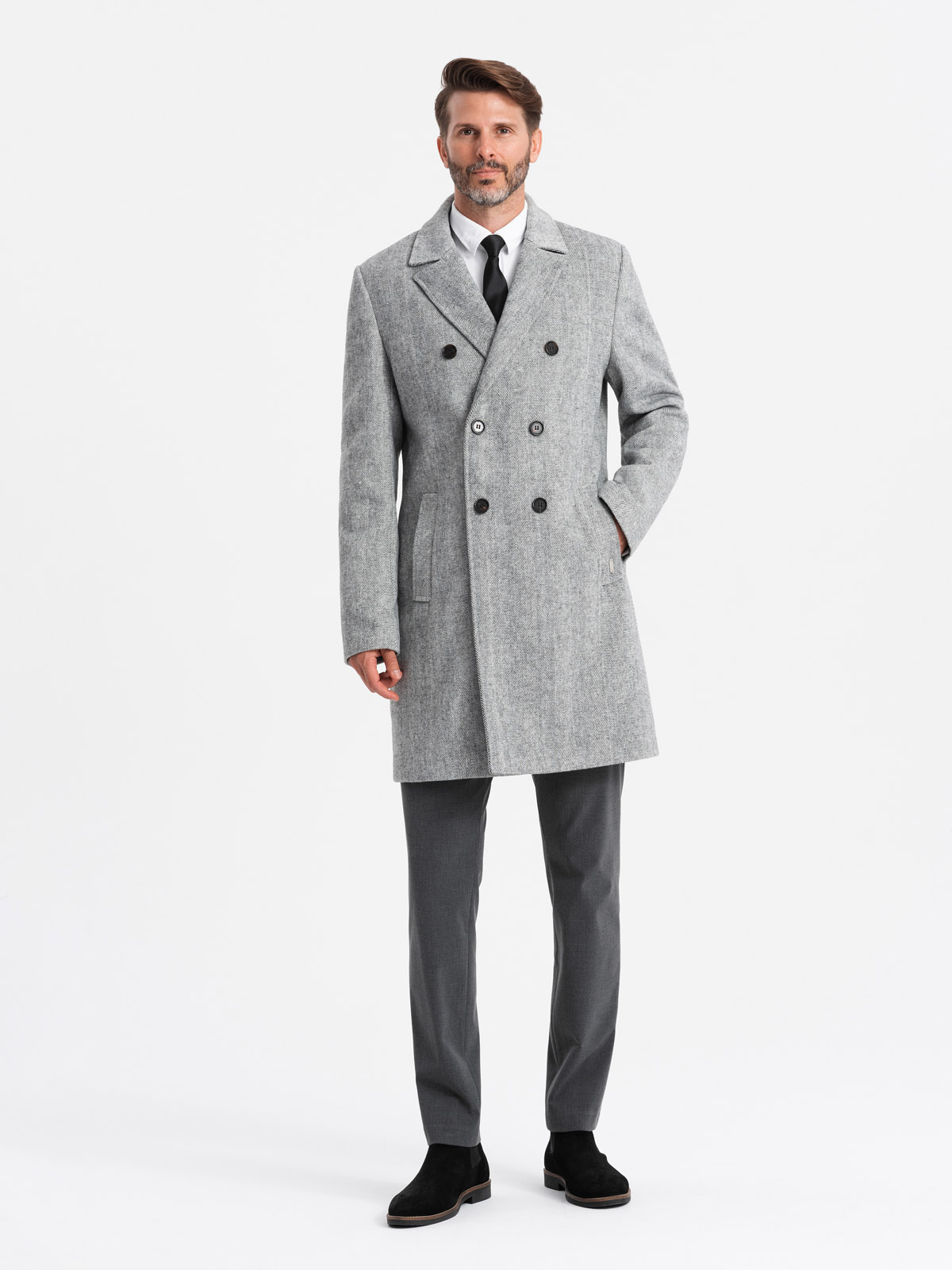 Ombre Elegant double-breasted men&#039;s herringbone coat - grey
