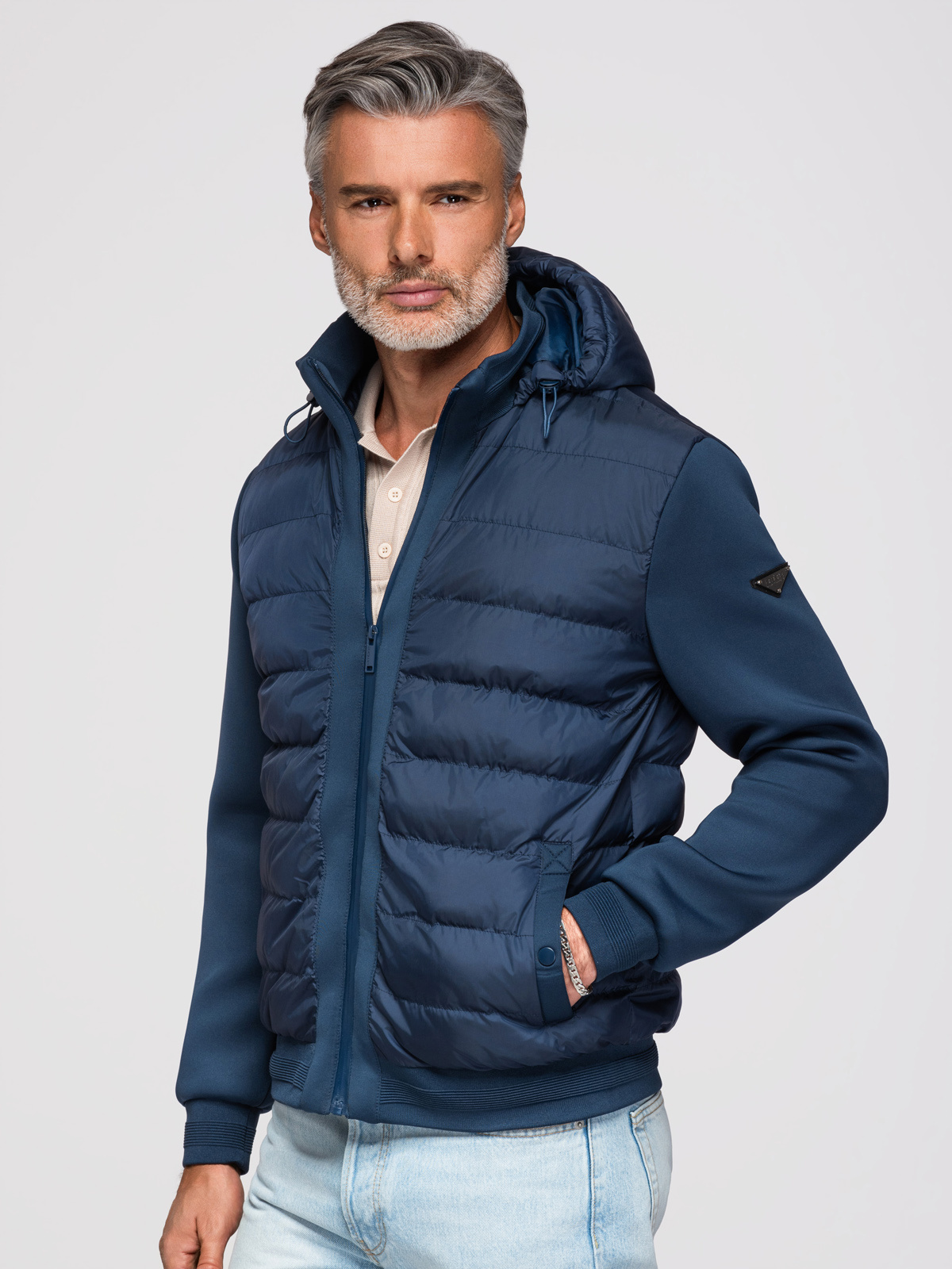 Ombre Quilted bomber jacket with hood and knitted sleeves - navy blue