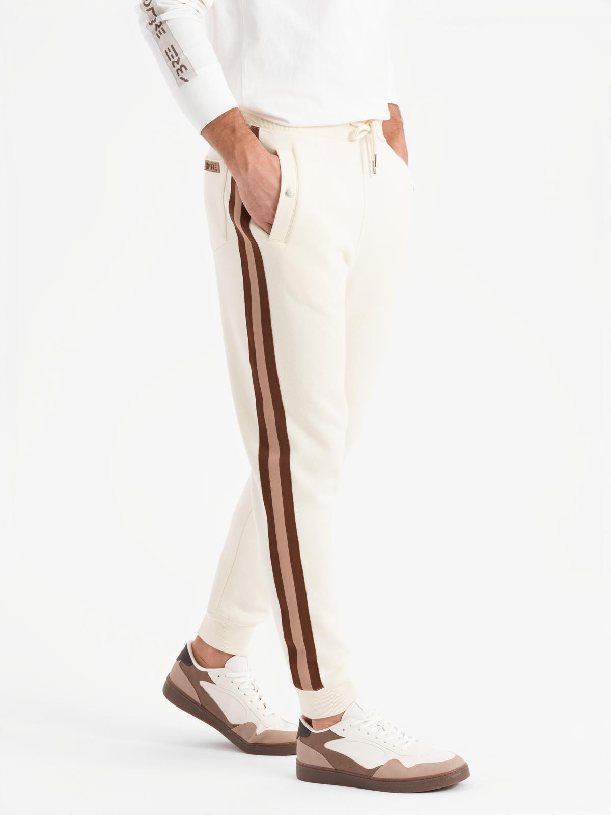 Ombre Men's sweatpants with piping and ribbing on the legs - cream