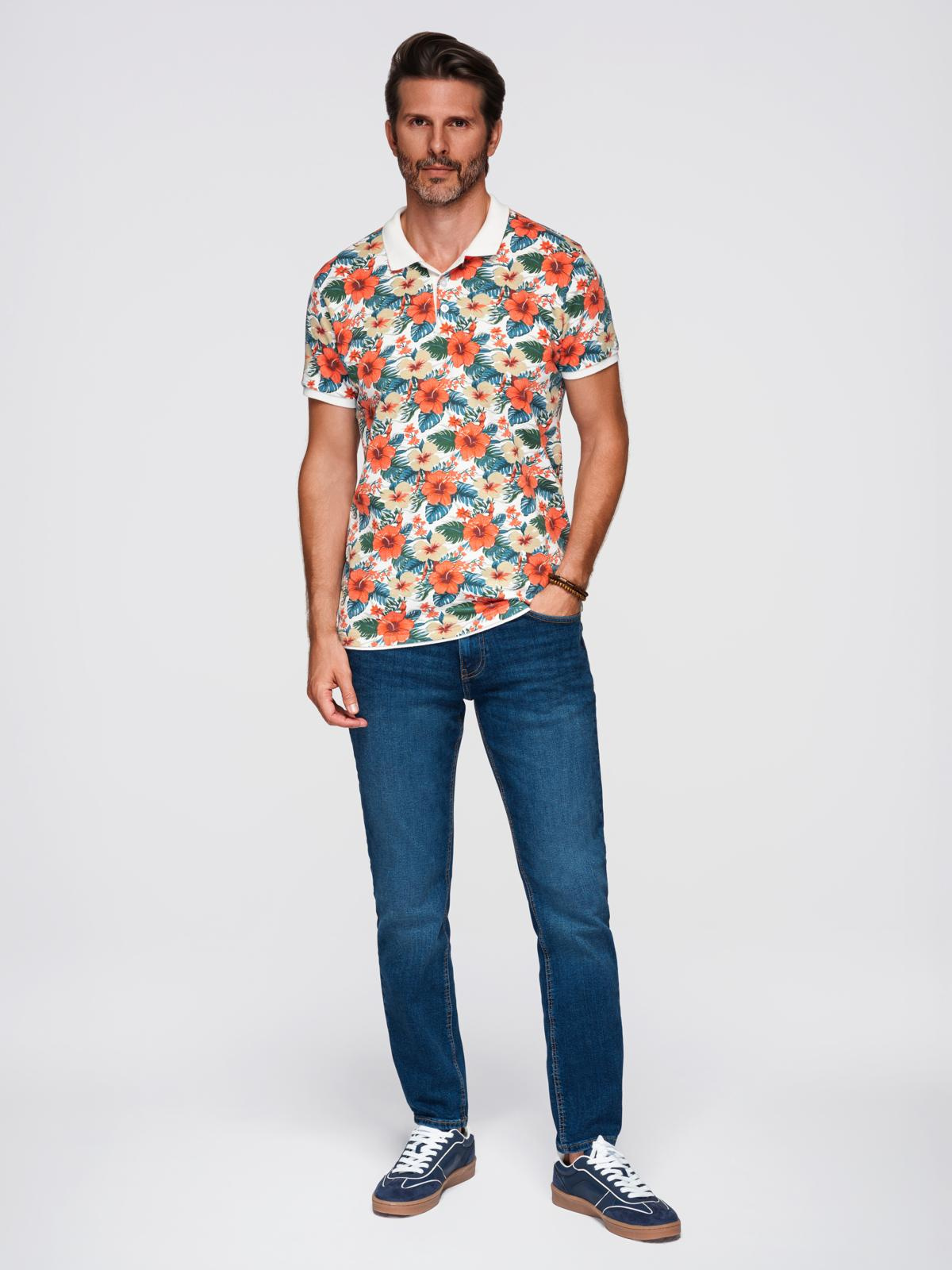 Ombre Cotton polo shirt with floral print - white
