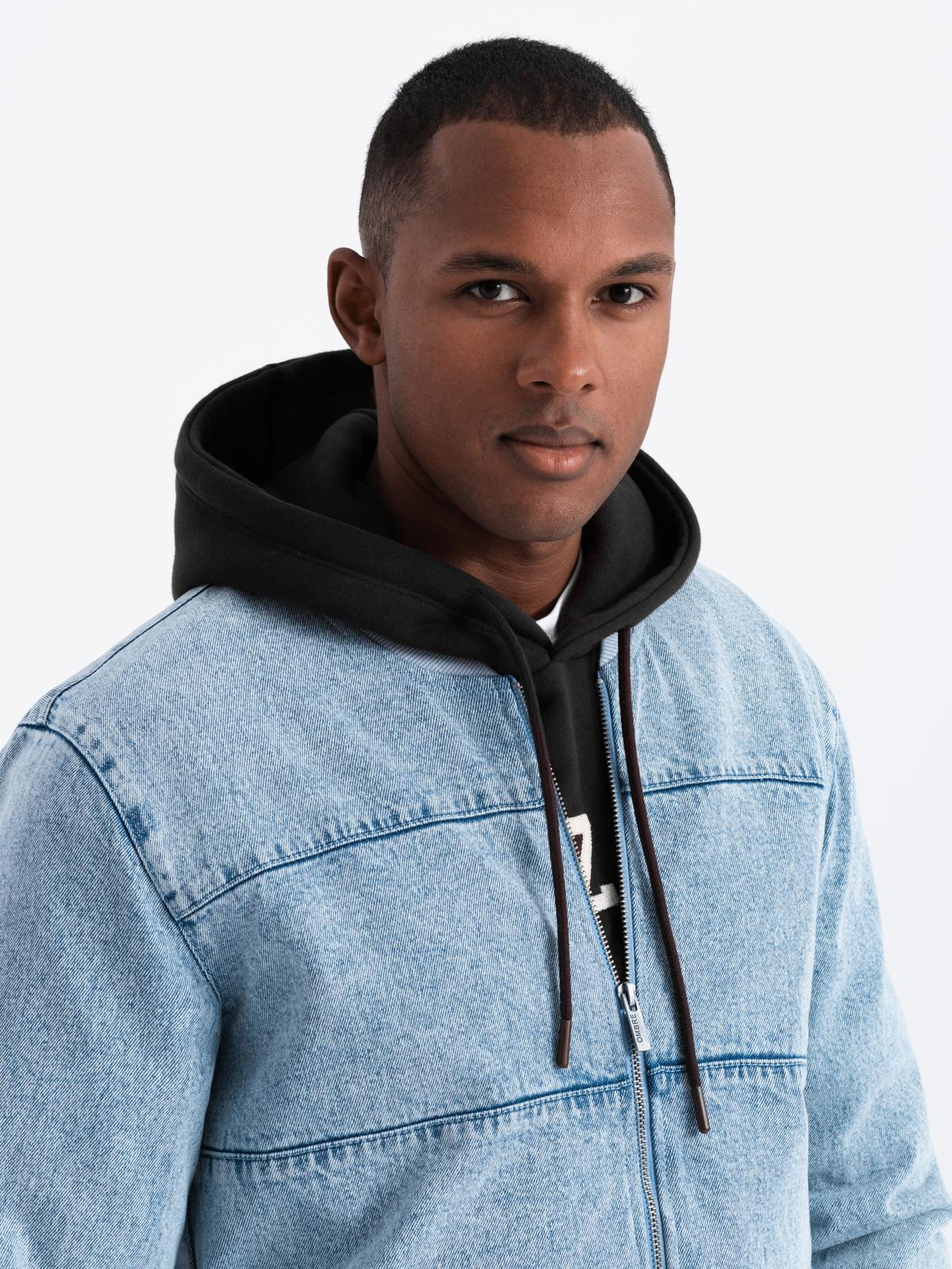 Ombre Men&#039;s denim bomber jacket with stone wash effect - light blue