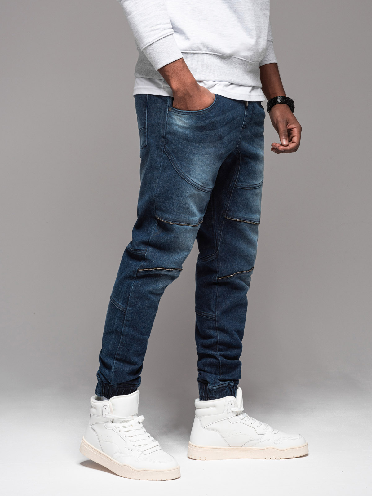 Ombre Men&#039;s denim jogger pants with rips and zippers - dark blue