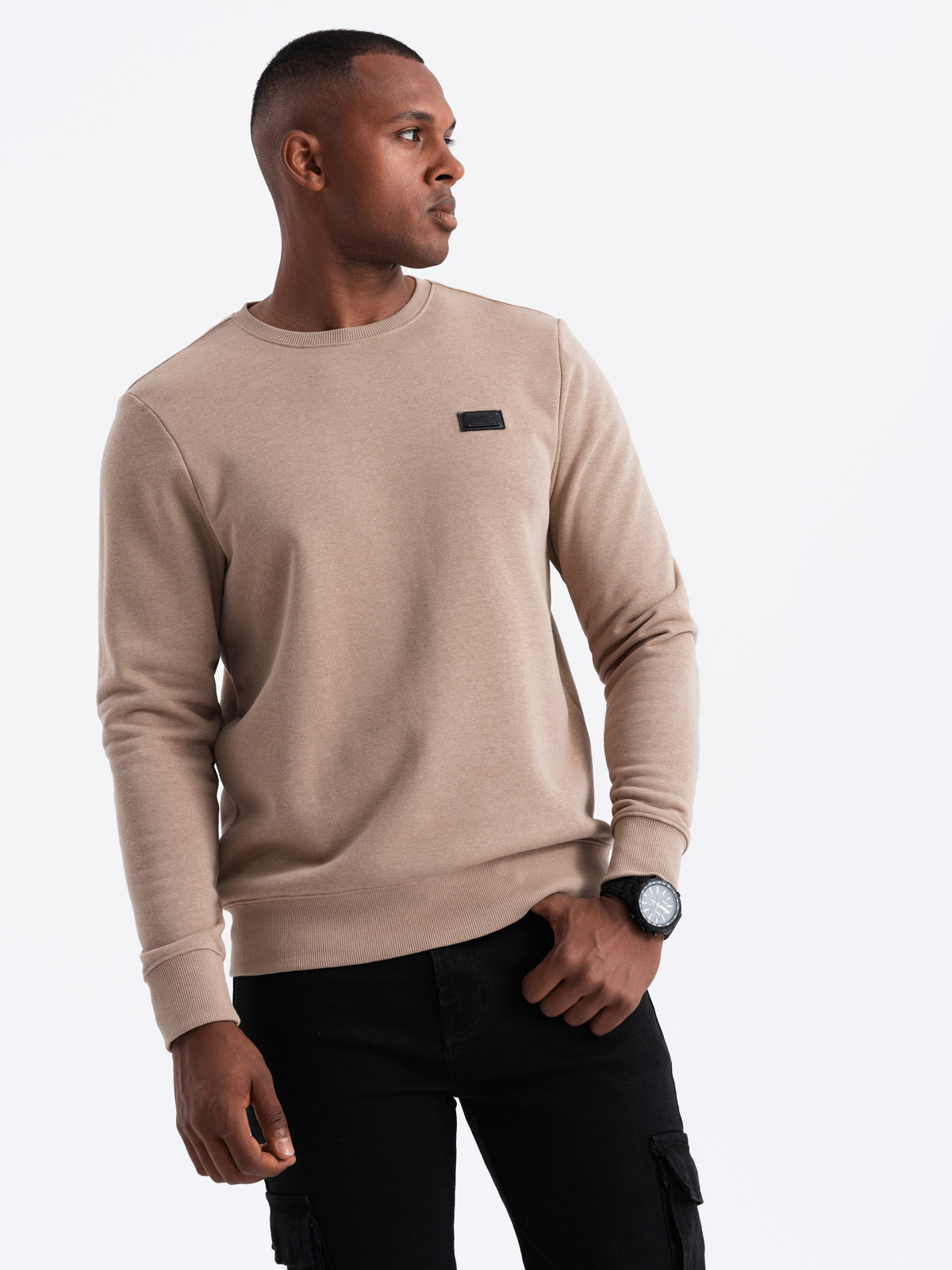 Ombre Men&#039;s non-stretch sweatshirt with metal pin - beige