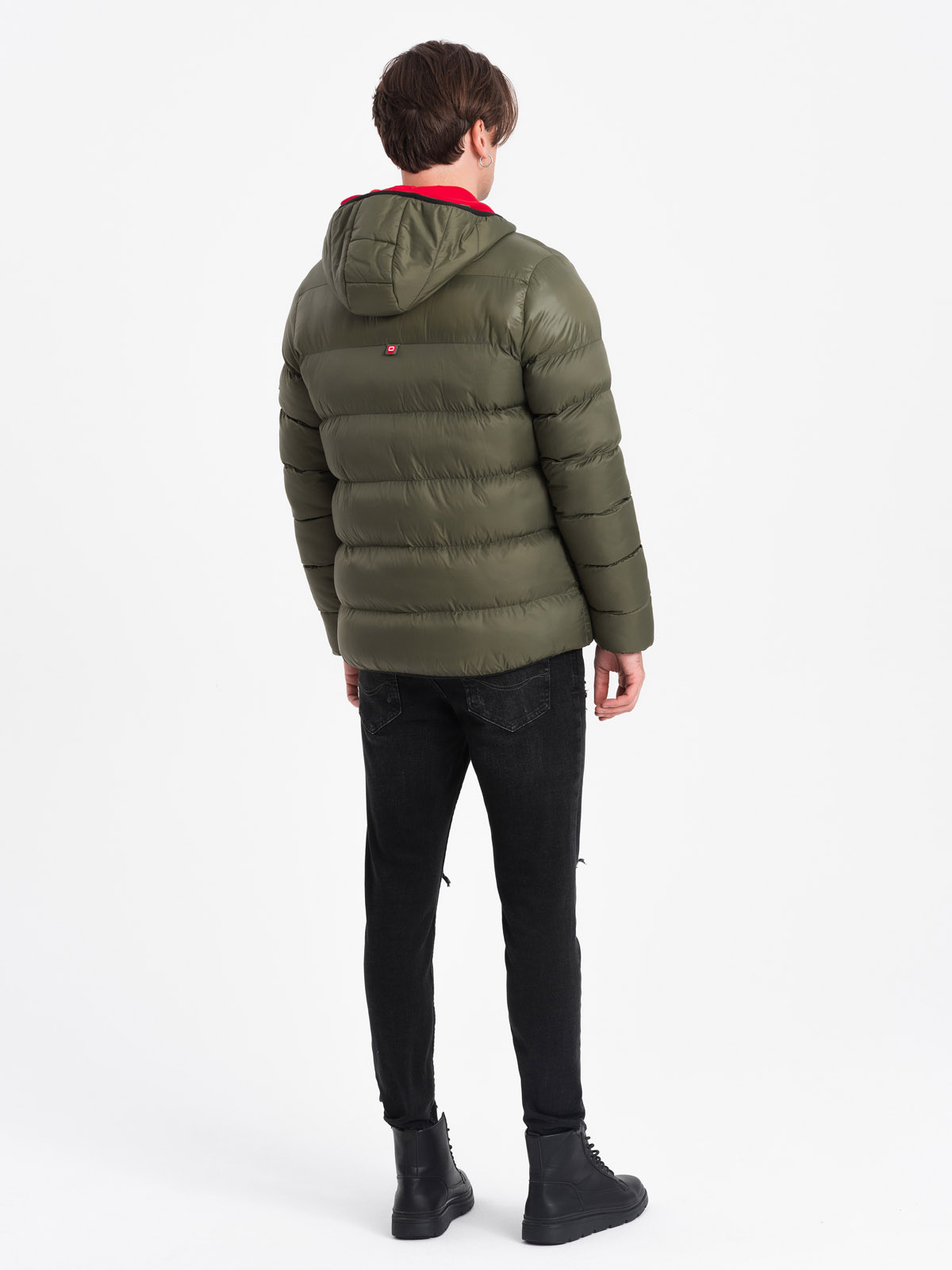 Ombre Men's quilted winter jacket with combined materials - dark olive green