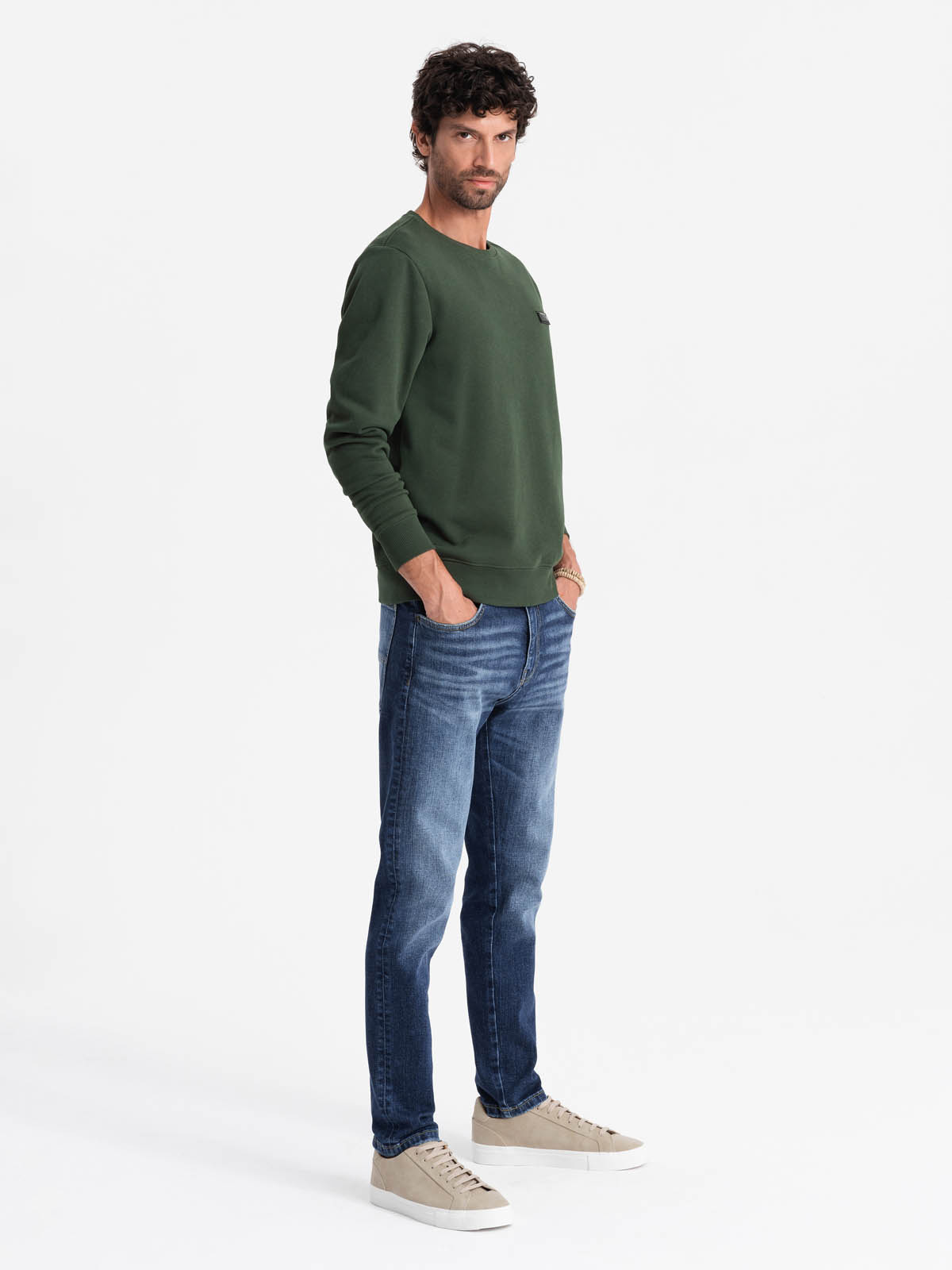 Ombre Men's non-stretch sweatshirt with metal pin - dark green
