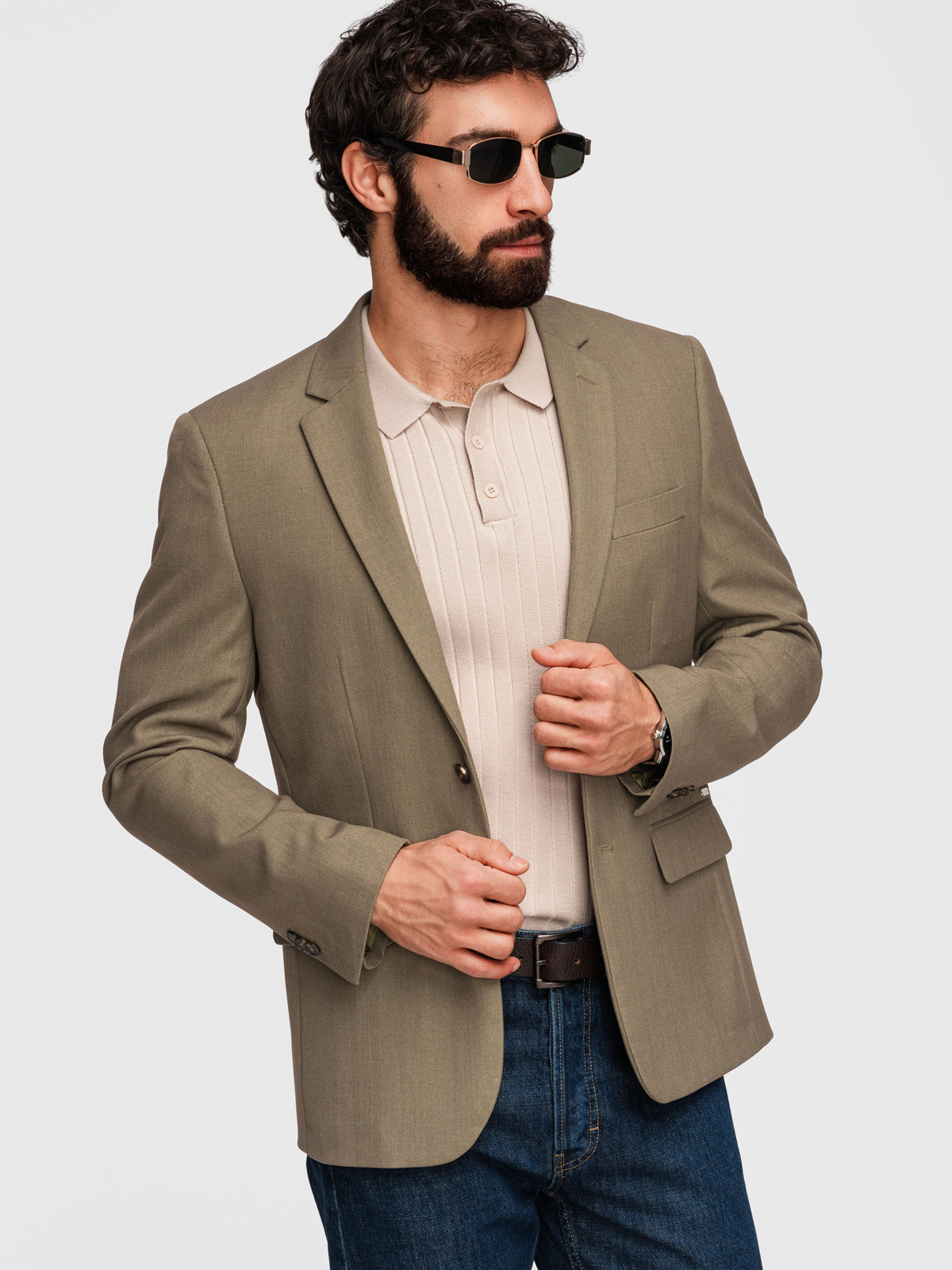 Ombre Men's elegant SLIM FIT jacket with rayon - olive