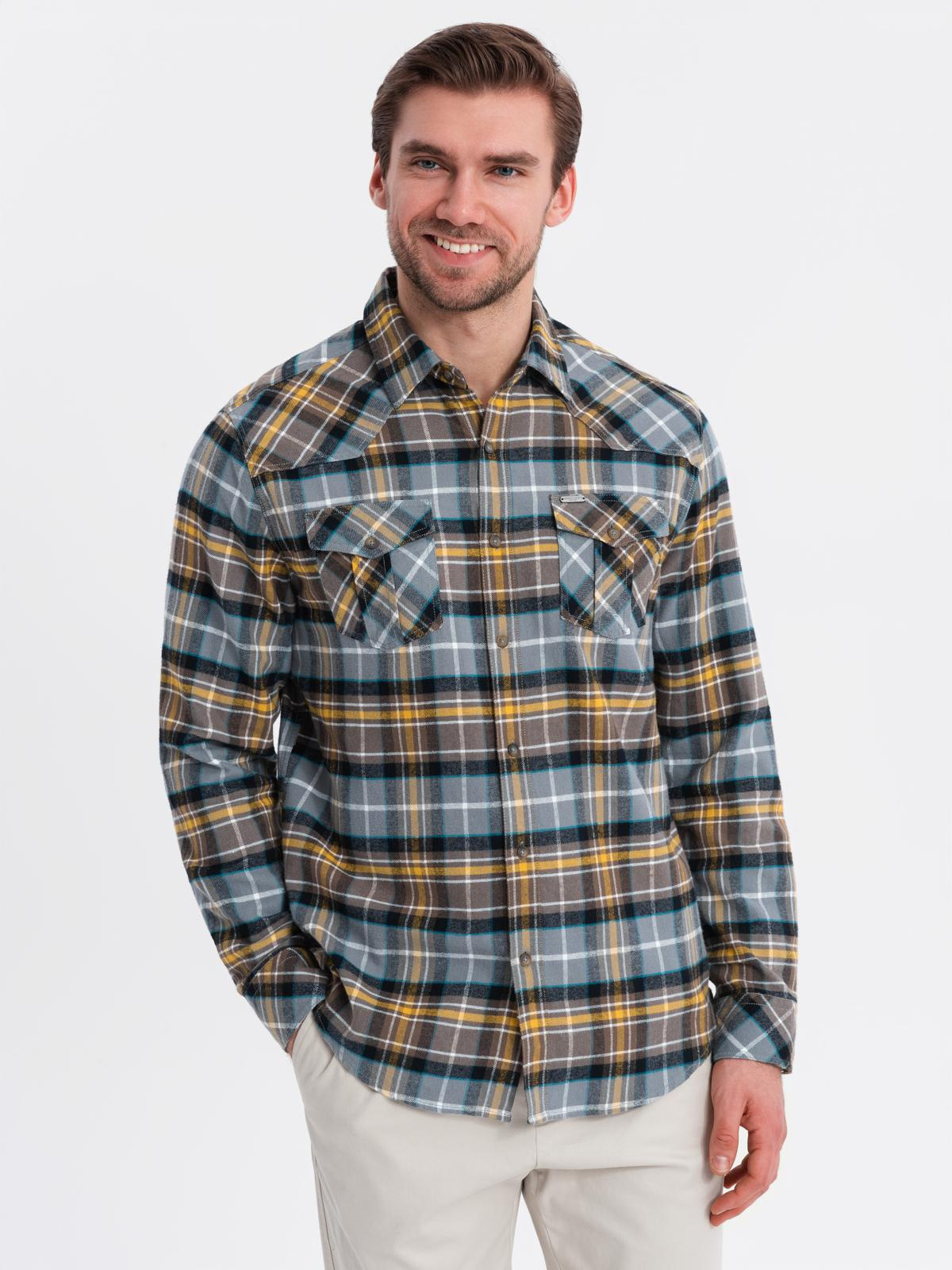 Ombre Men's checkered flannel shirt with pockets - gray-yellow