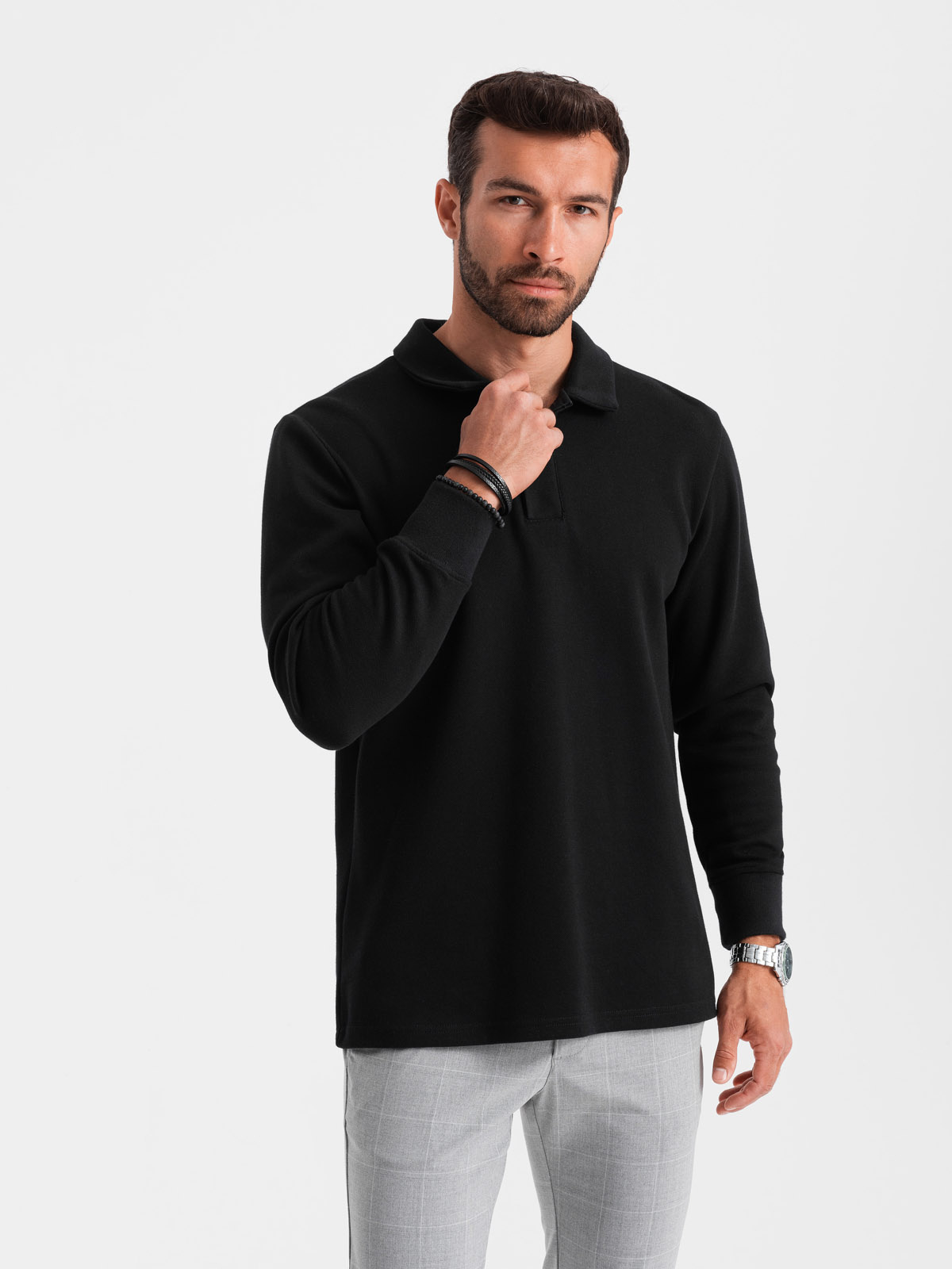 Ombre Men's Structured Knit Polo Collar Sweatshirt - Black