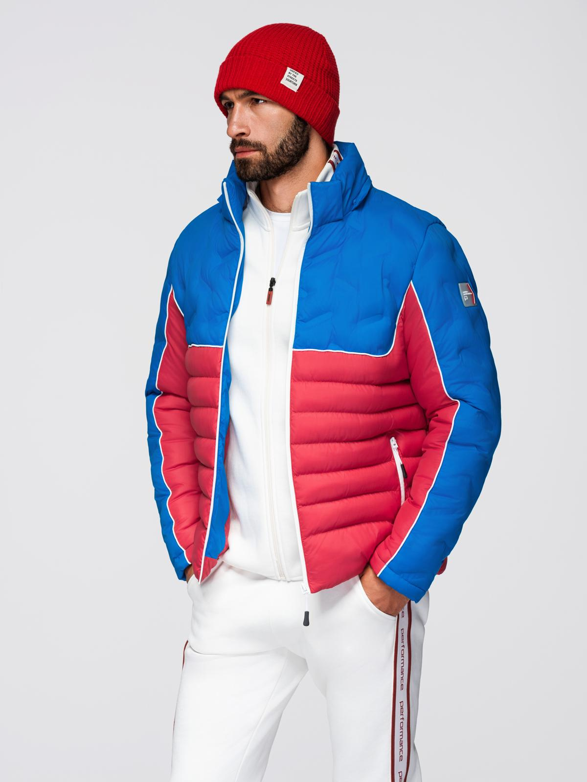 Ombre Men&#039;s quilted jacket with detachable hood - blue and red