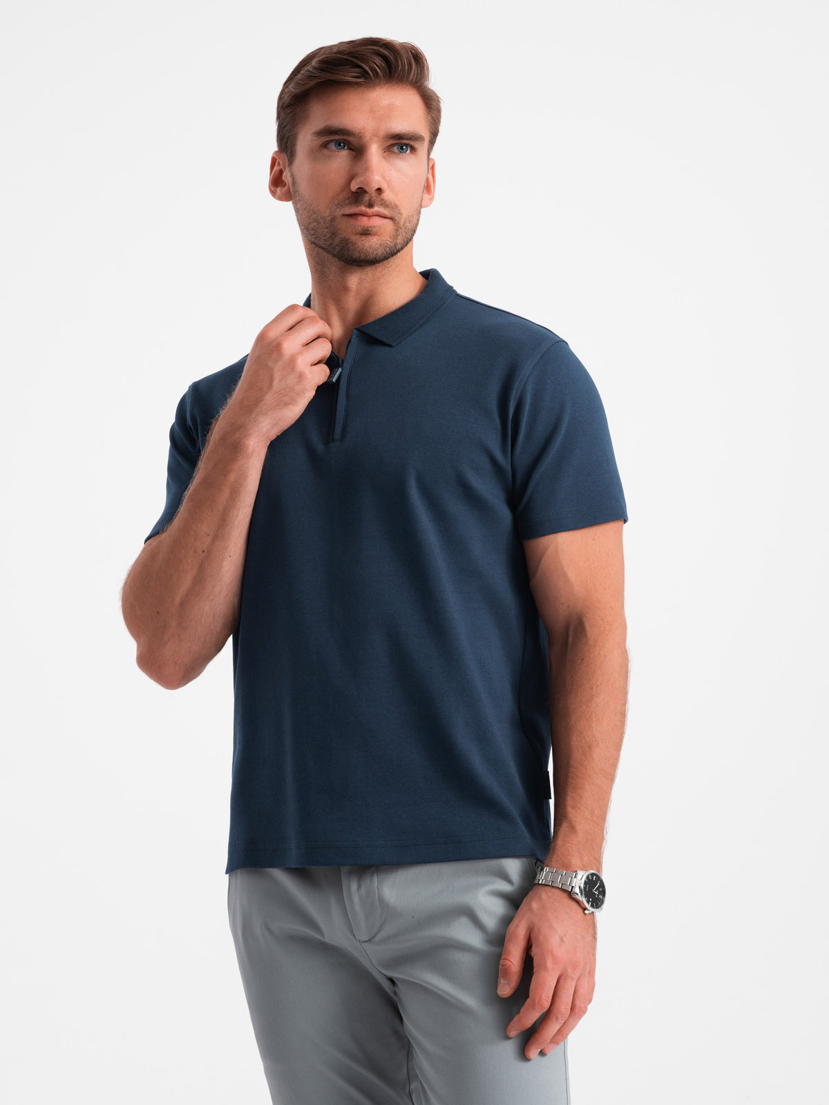 Ombre Men&#039;s polo shirt with zippered collar - navy blue