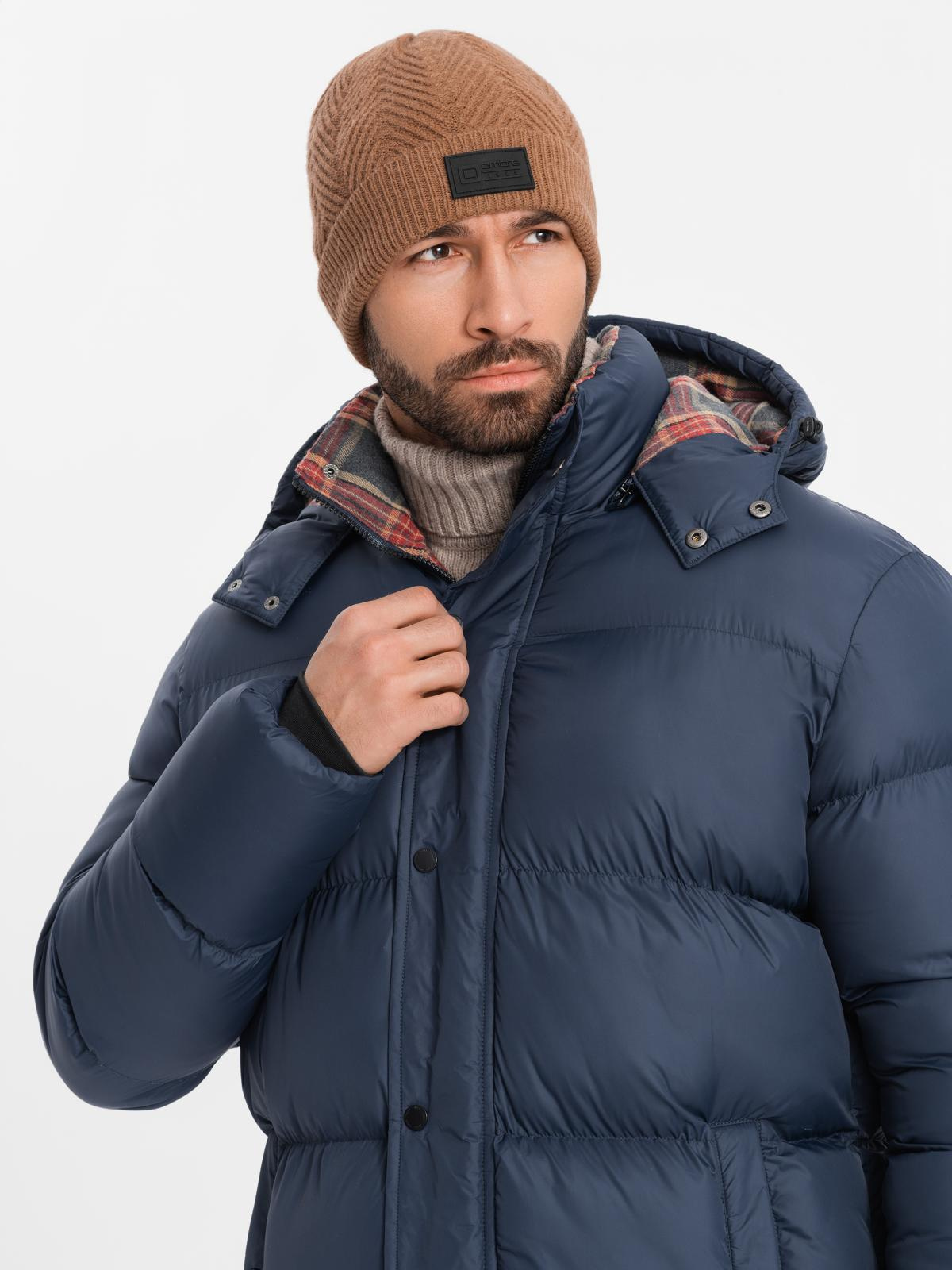 Ombre Men's puffer jacket with check lining - navy blue