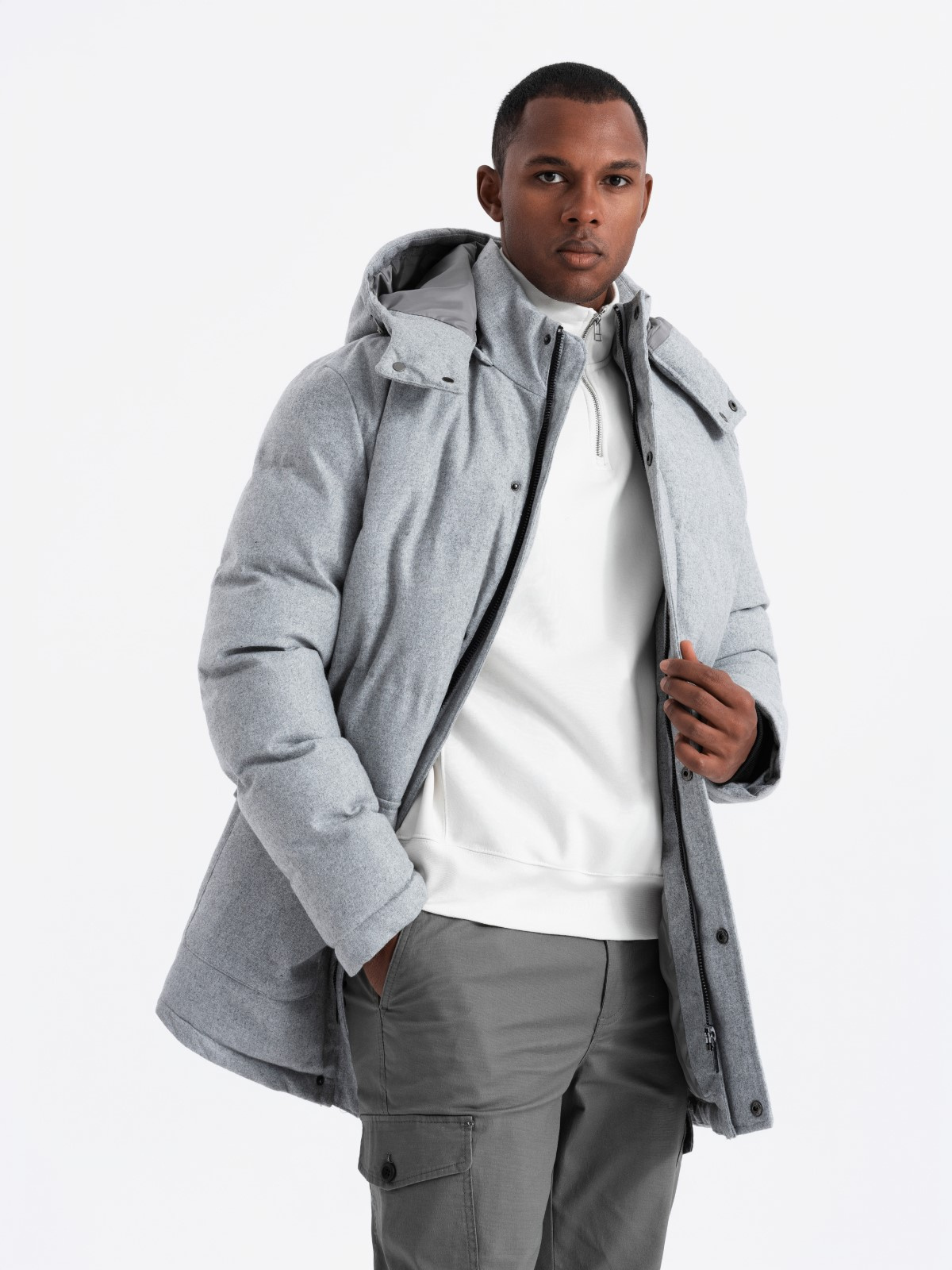 Ombre Warm men&#039;s long parka jacket with wool - light grey melange