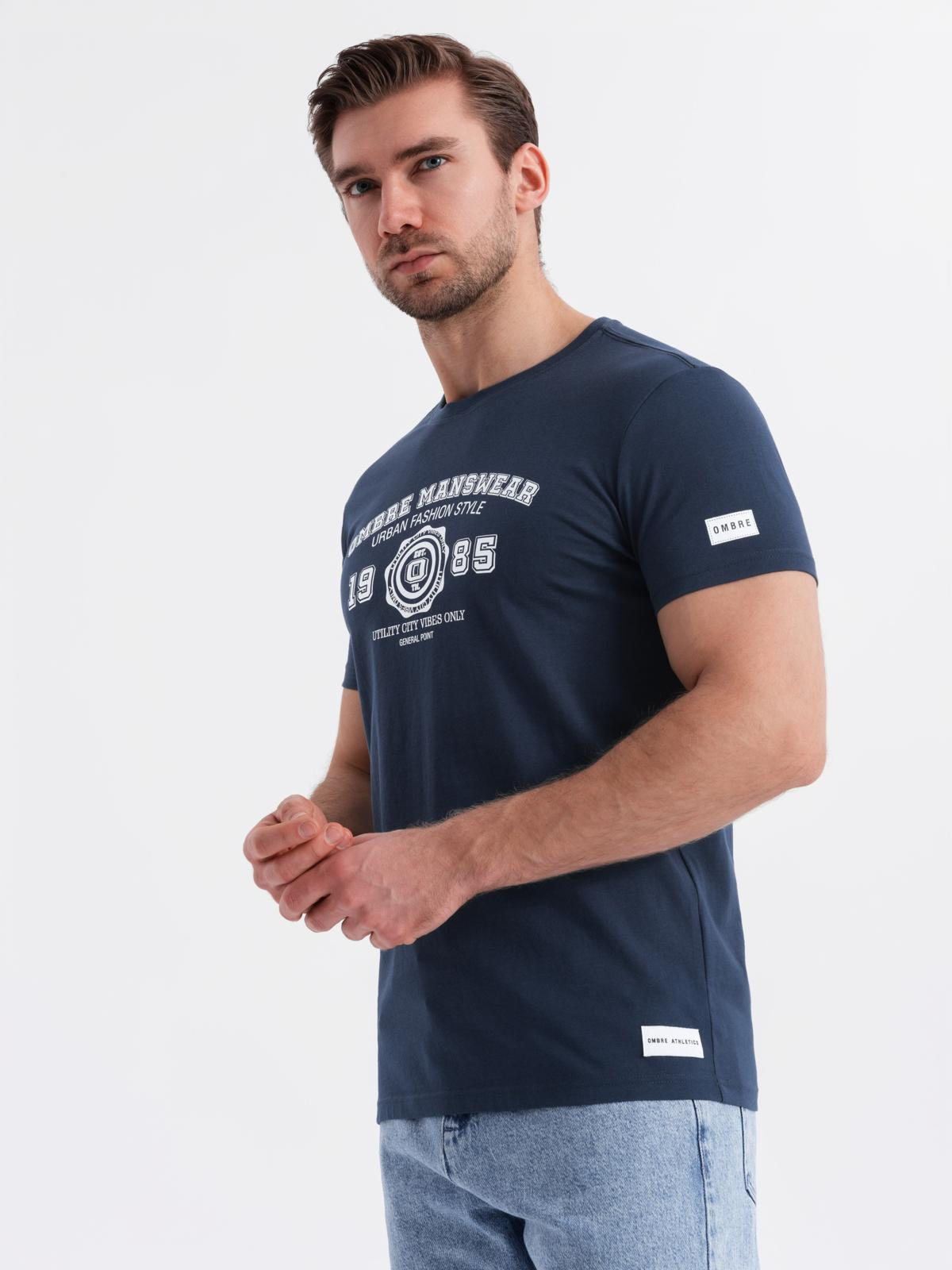 Ombre Men's cotton t-shirt with college style print - navy blue
