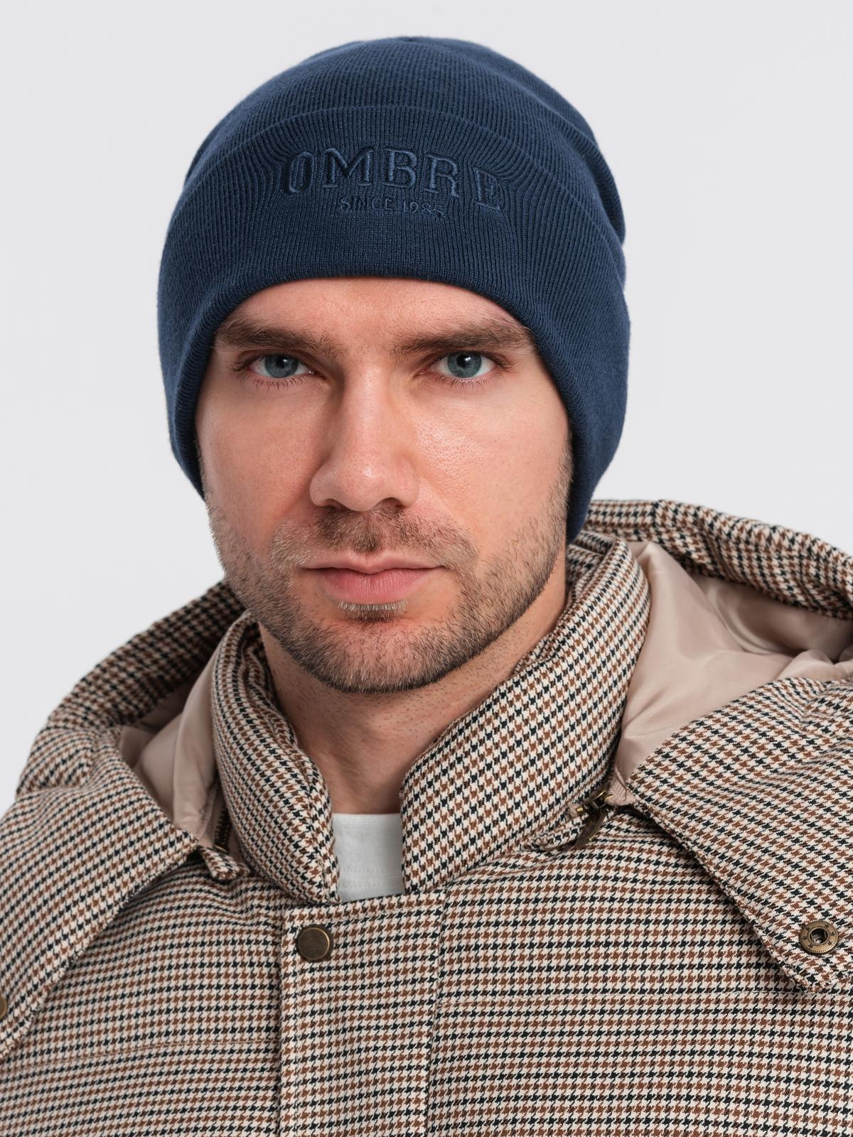 Ombre Men's knitted beanie hat with embroidered inscription - navy blue