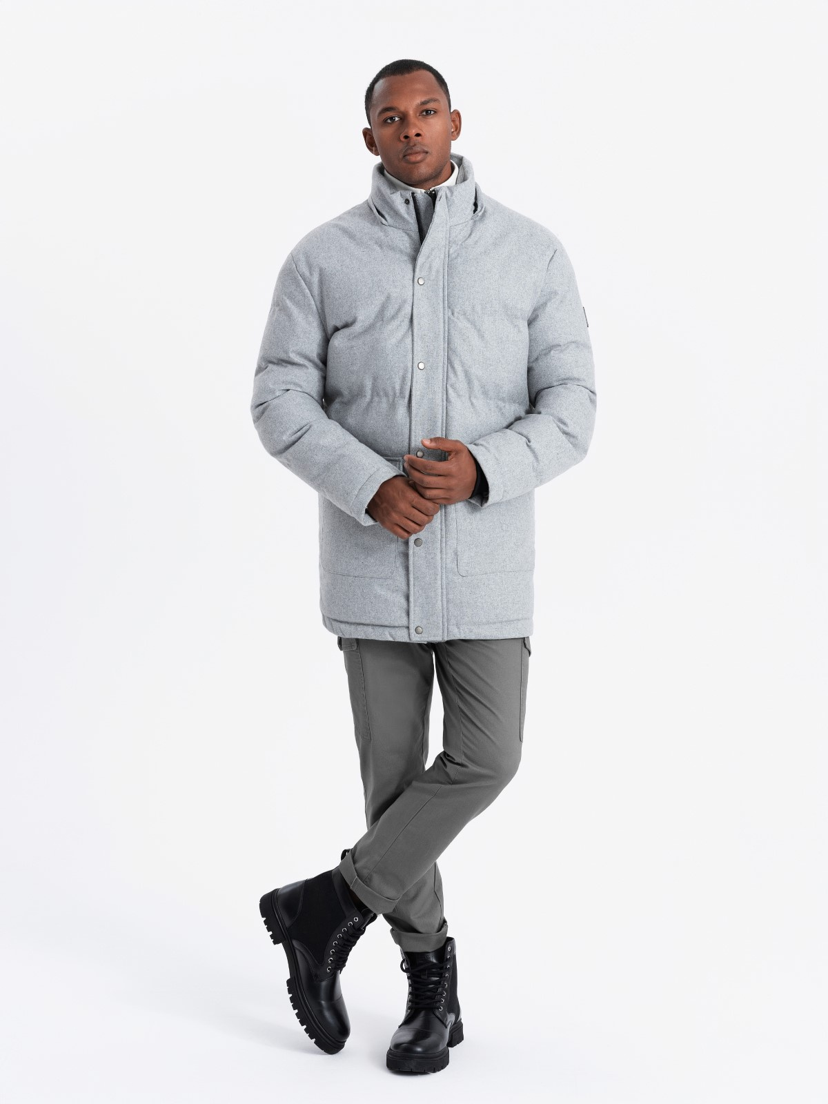 Ombre Warm men&#039;s long parka jacket with wool - light grey melange