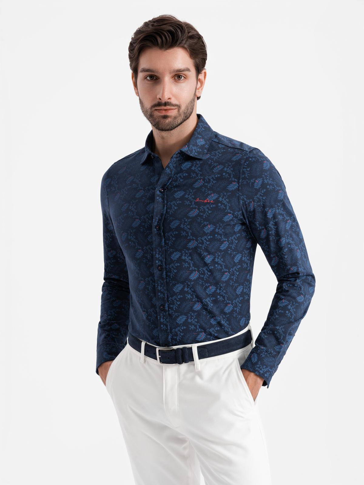 Ombre Men&#039;s cotton shirt with floral motif - navy blue