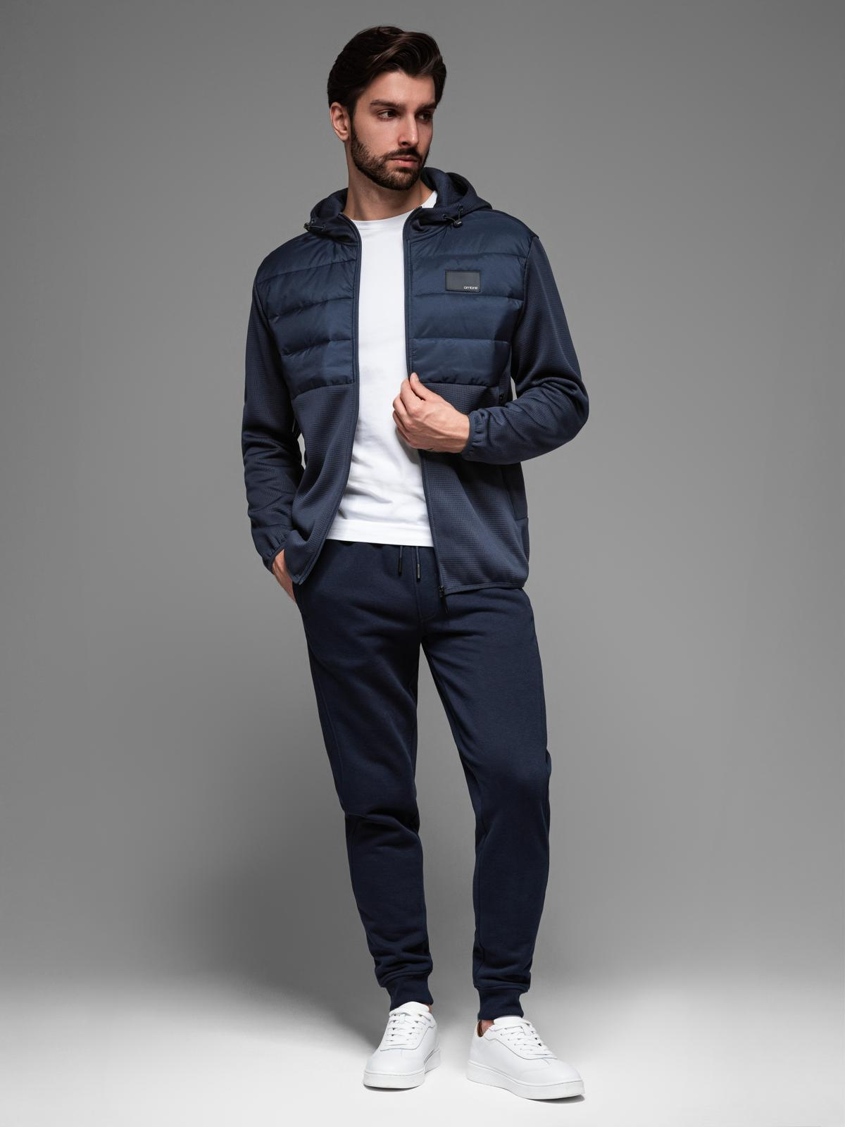 Ombre Men&#039;s lightweight jacket of combined materials with hood and decorative quilting - navy blue