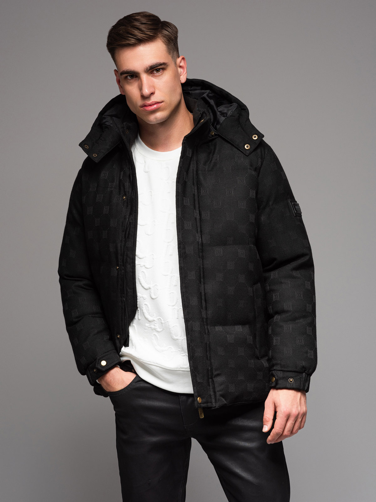 Ombre Men&#039;s patterned jacquard puffer jacket - black