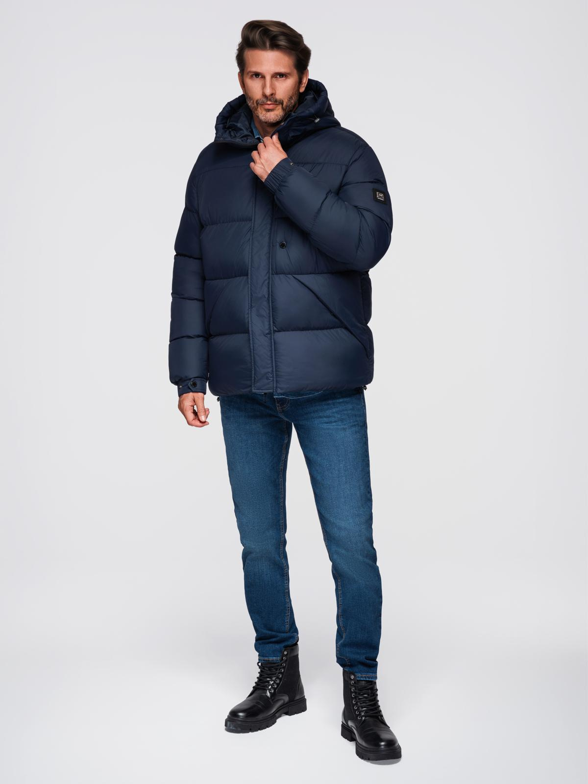 Ombre Men&#039;s quilted jacket with high zipped hood - navy blue