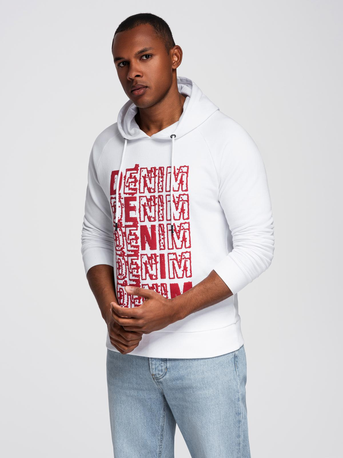 Ombre Men&#039;s non-stretch kangaroo sweatshirt with hood and print - white