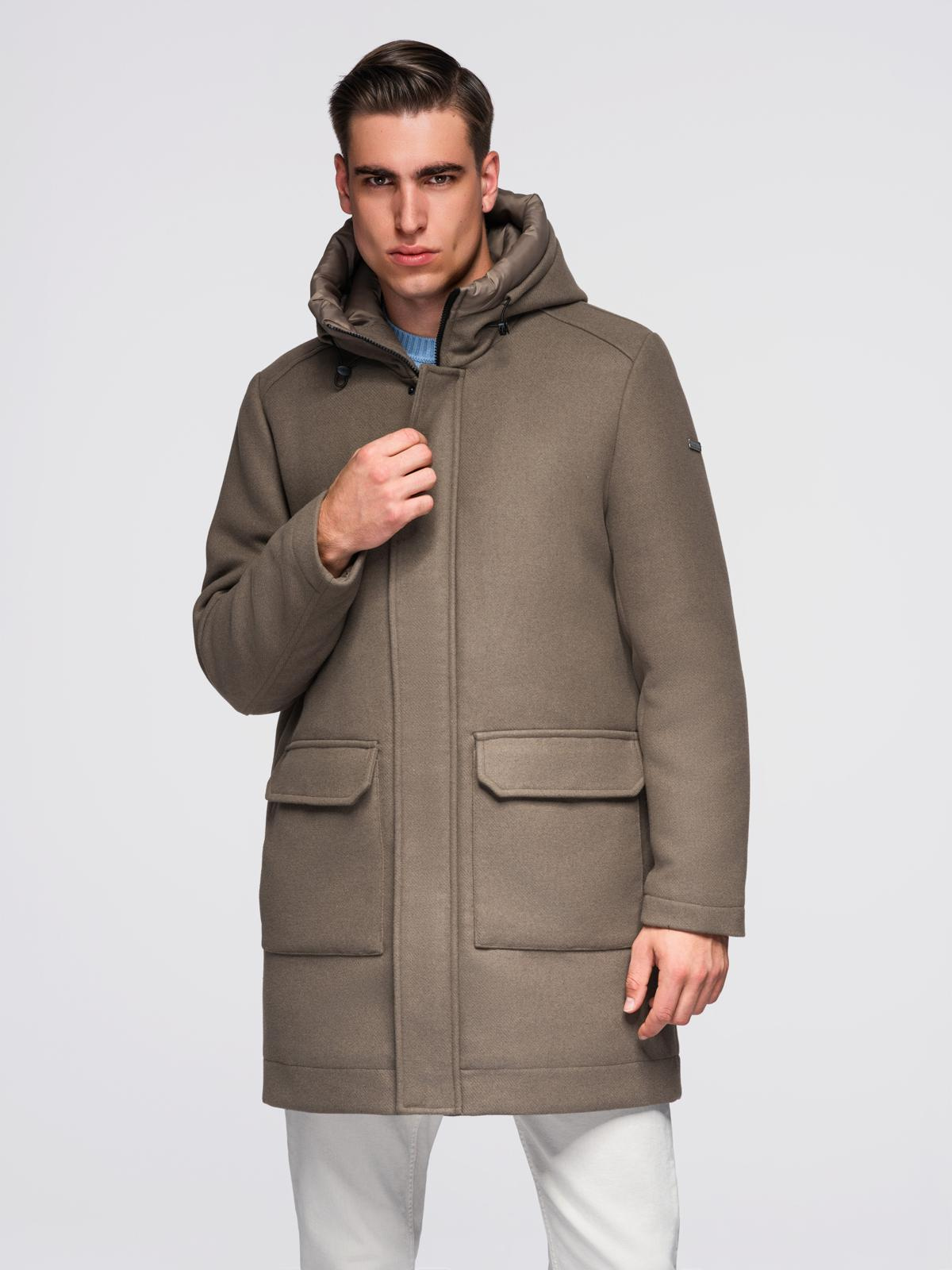 Ombre Men&#039;s parka coat with wool and hood - khaki