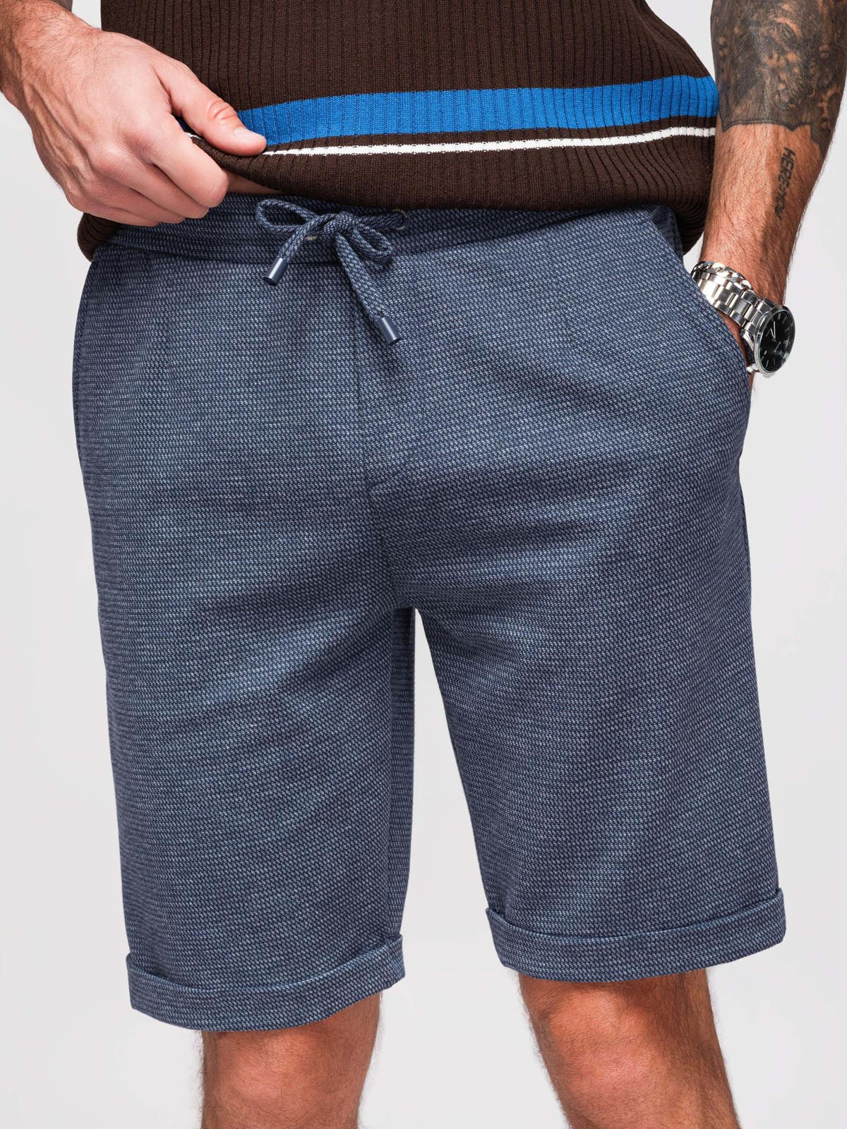Ombre Men's short shorts with structured knit elastic band - navy blue